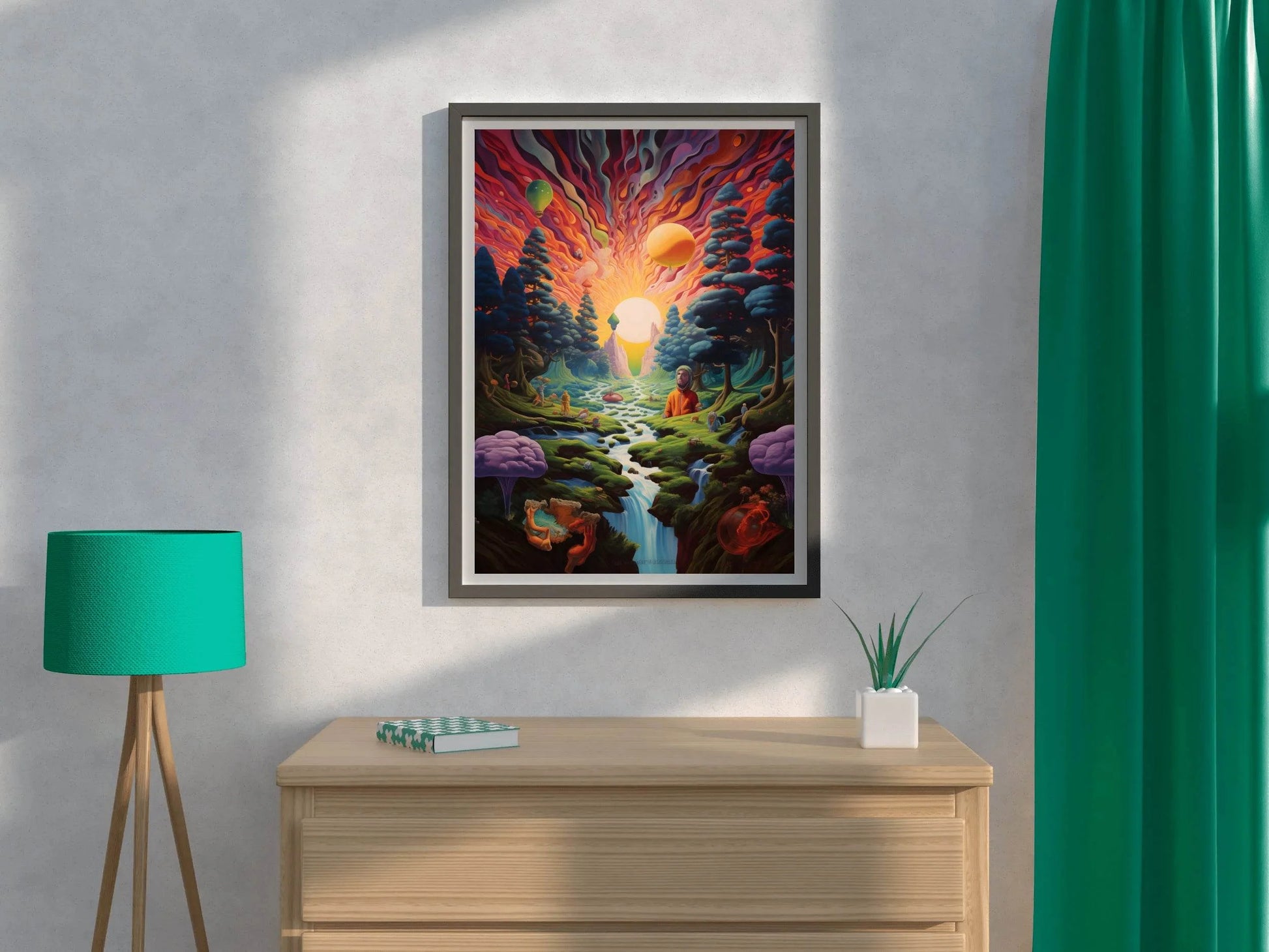 Painting of a Sunset Over a River With a Mountain Wall Art - beink online art store