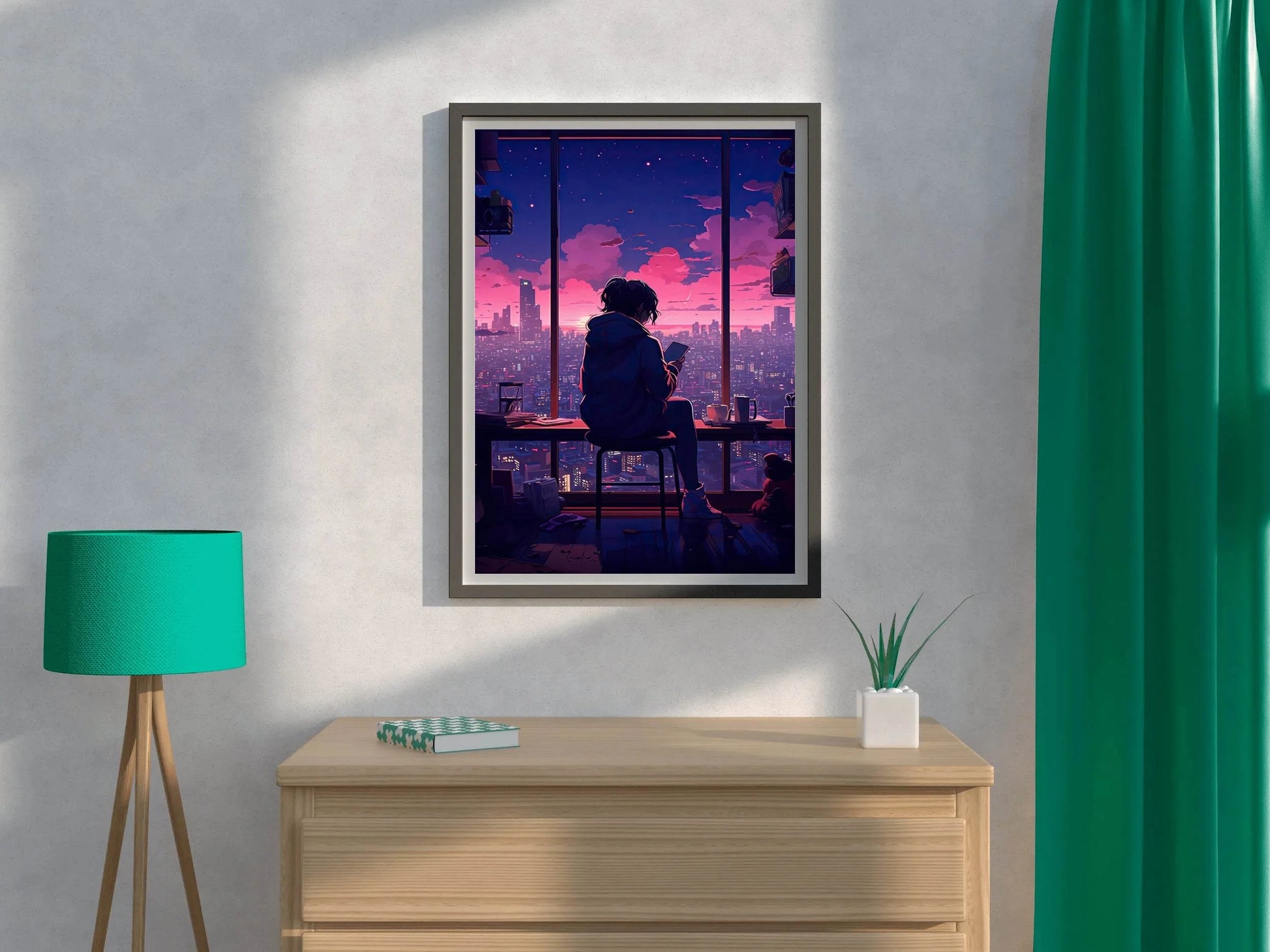 Evening Cityscape Neon Lights Lofi Style and Moody Anime Wall Art - beink online art store
