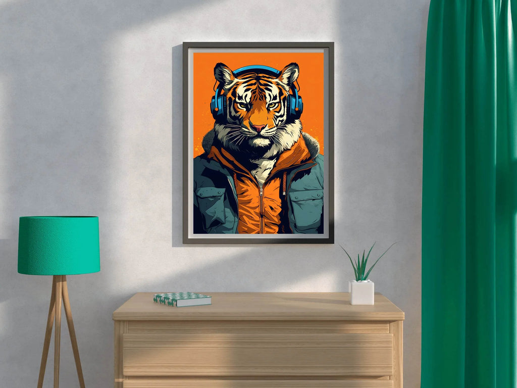 Painting of a Tiger Wearing Headphones and a Jacket. - beink online art store