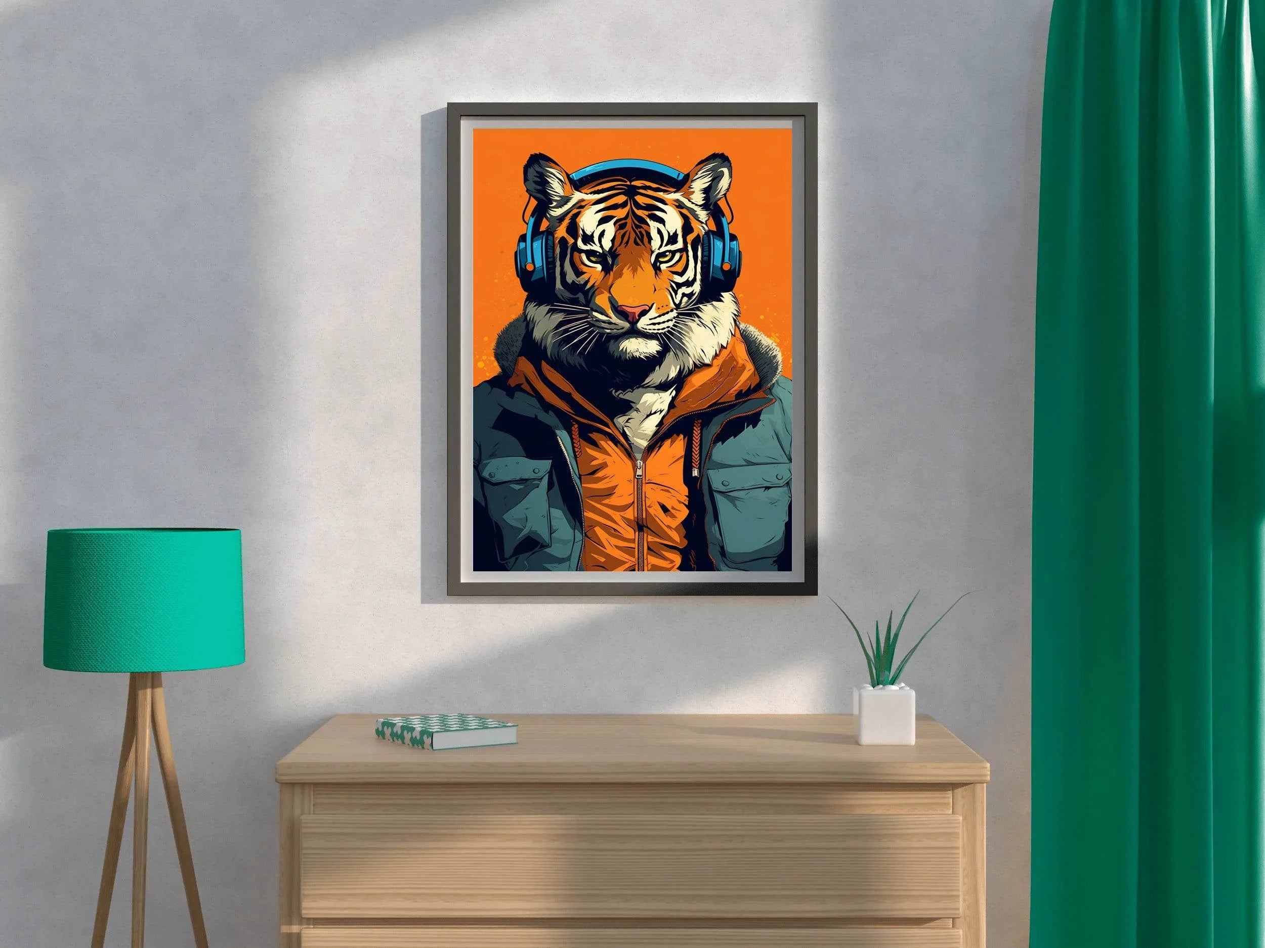 Painting of a Tiger Wearing Headphones and a Jacket. - beink online art store