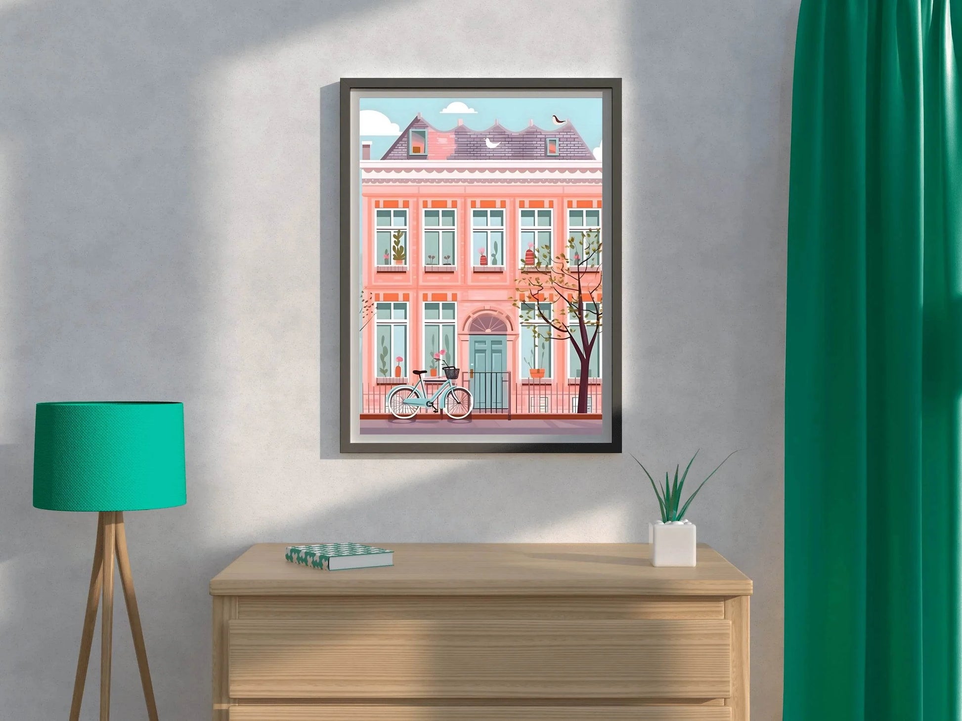 Illustration of Pink House and a Bicycle - beink online art store
