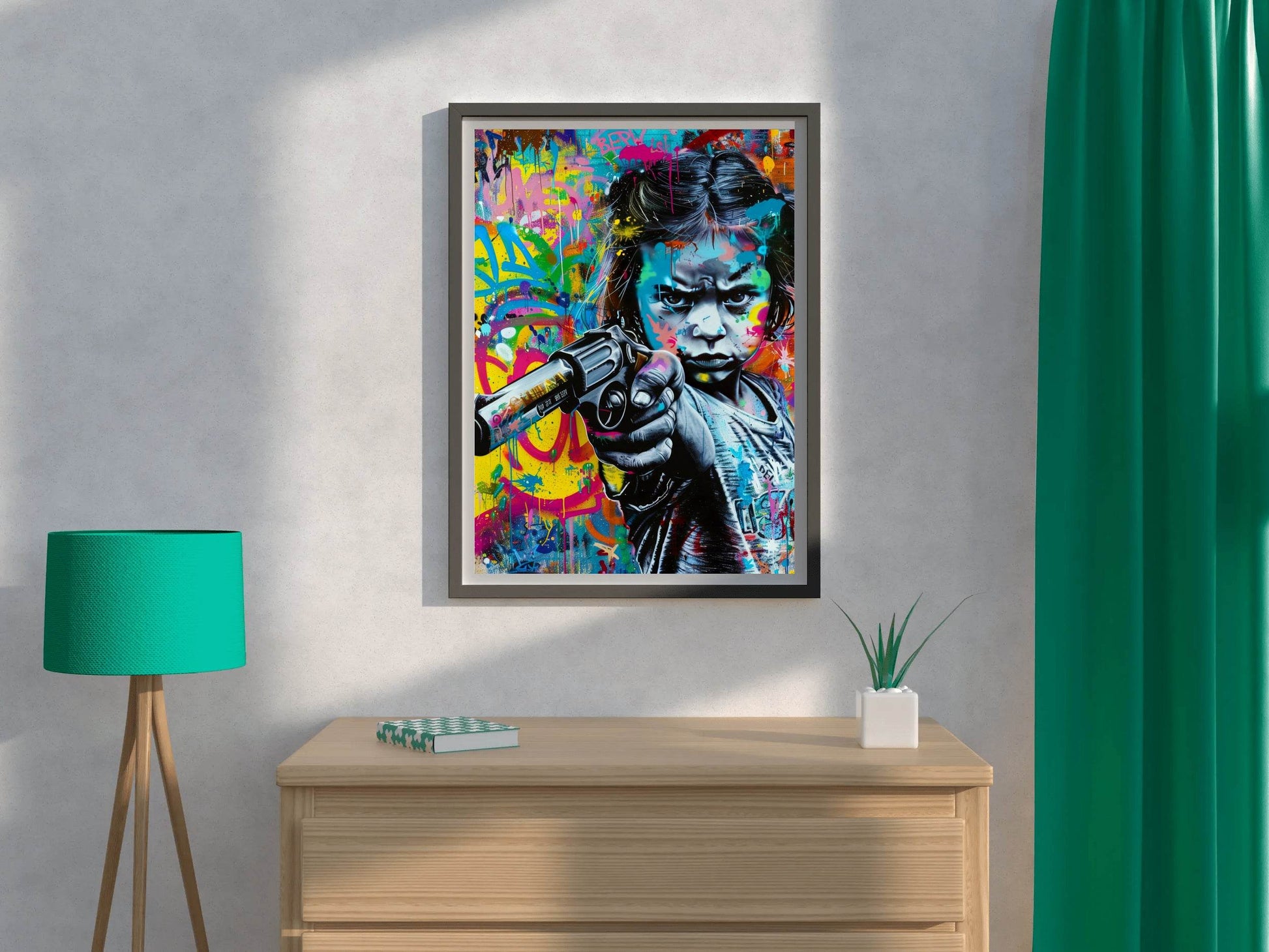 Abstract Graffiti Girl Holding Gun Wall Art - beink online art store