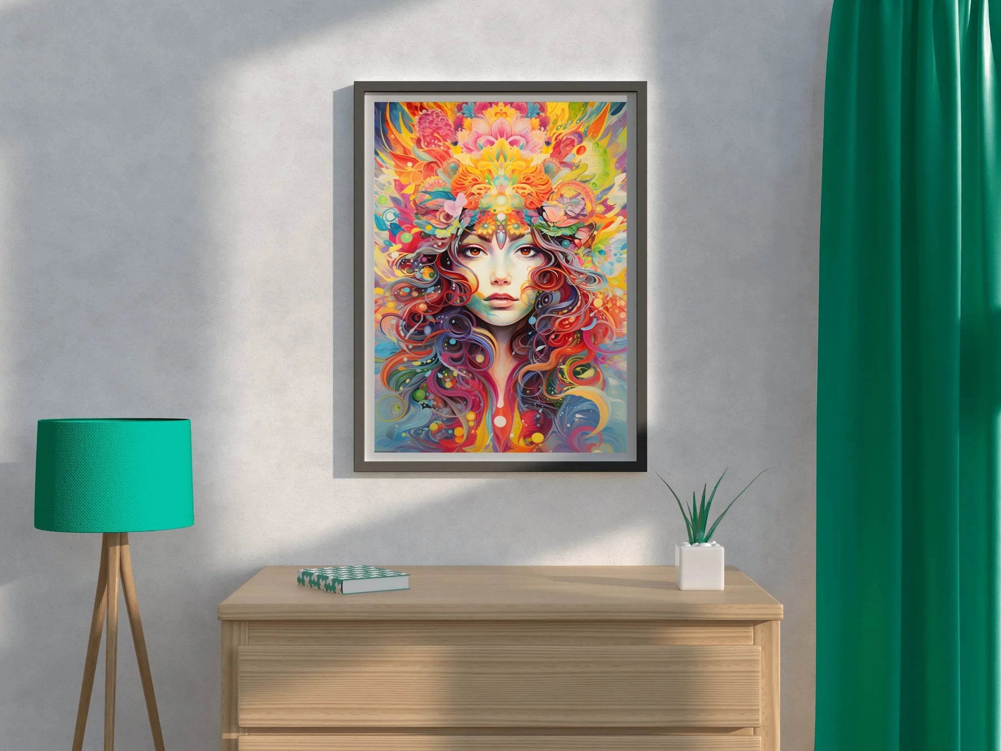 Painting of a Woman with a Colorful Headpiece and Flowers in Her Hair - beink online art store