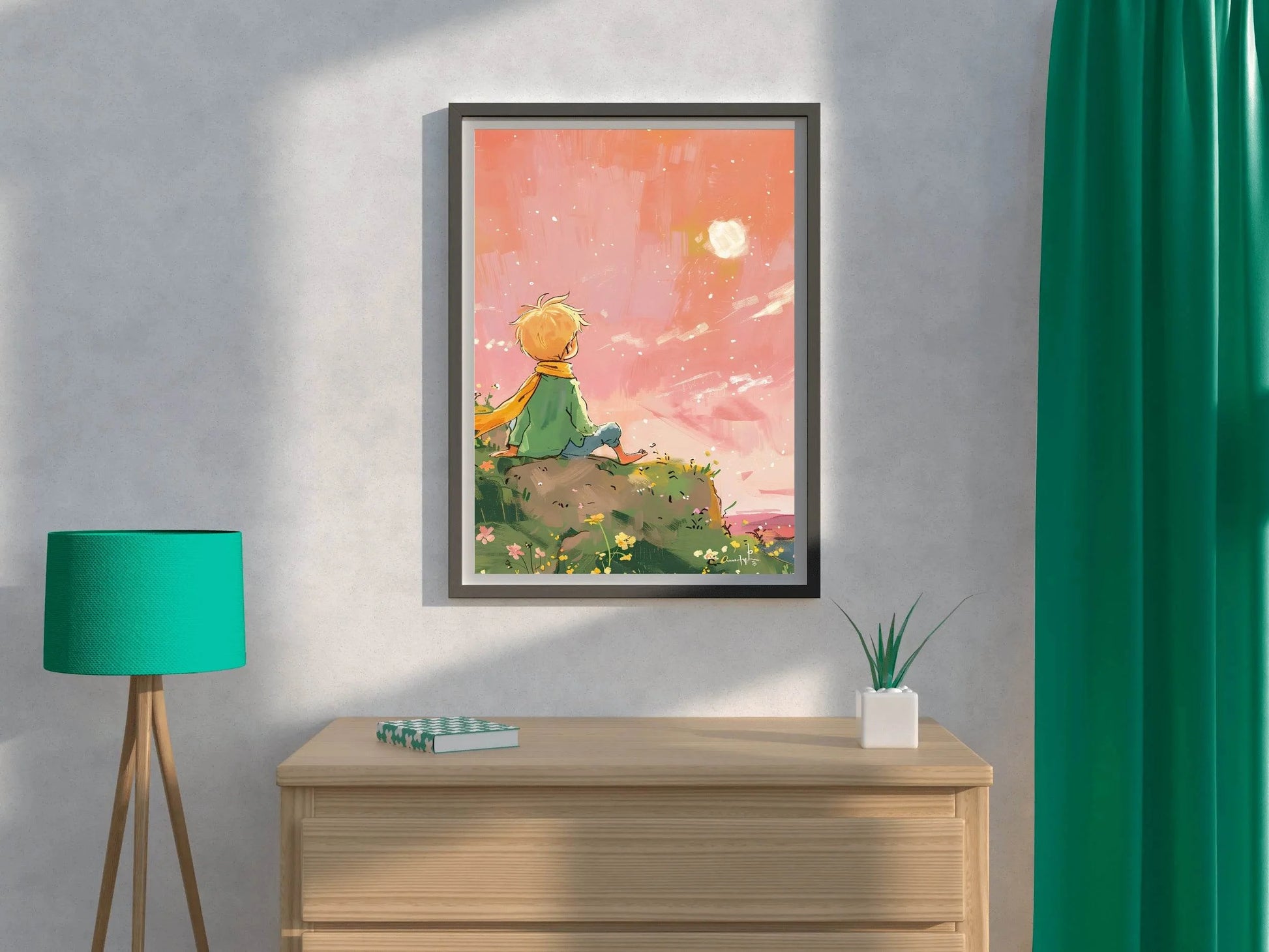 Cartoonish Painting of Little Boy Watching Sun - beink online art store