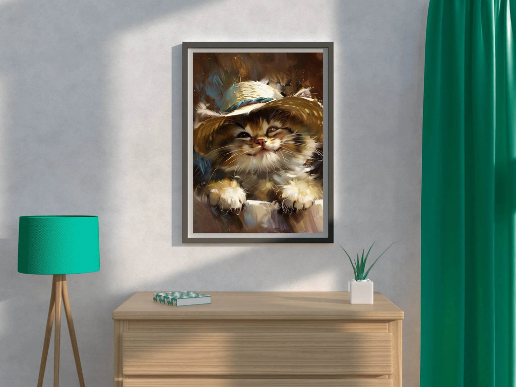 Hand Painted Painting of Smiling Cat Wearing Hat - beink online art store
