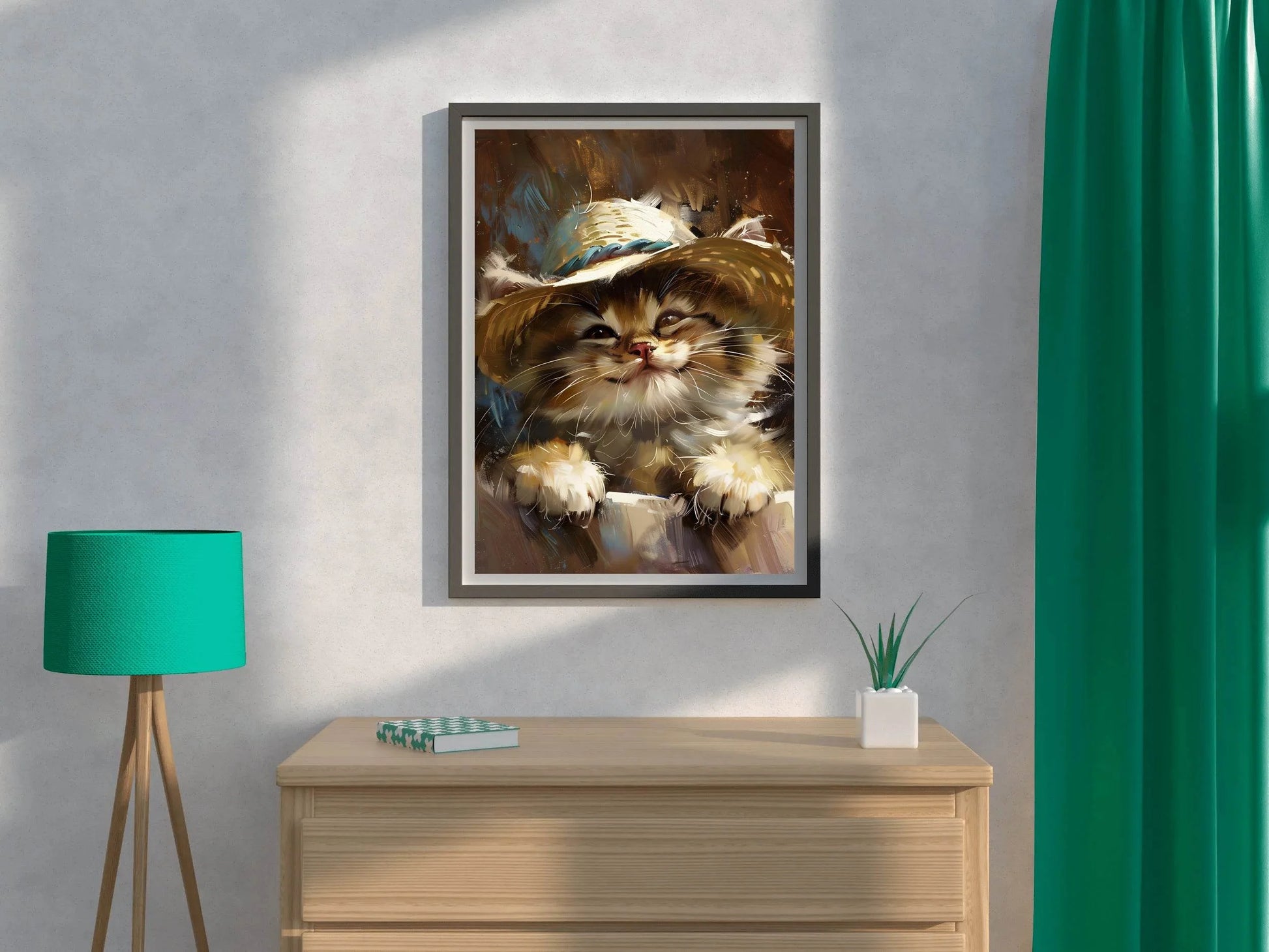 Hand Painted Painting of Smiling Cat Wearing Hat - beink online art store
