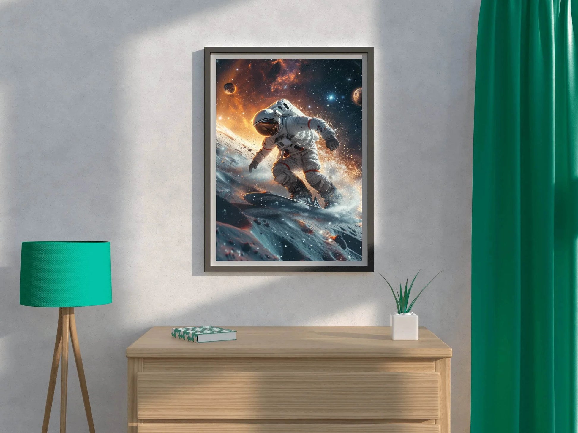 astronauts surfing on a surfboard in space with stars on planet Wall Art - beink online art store