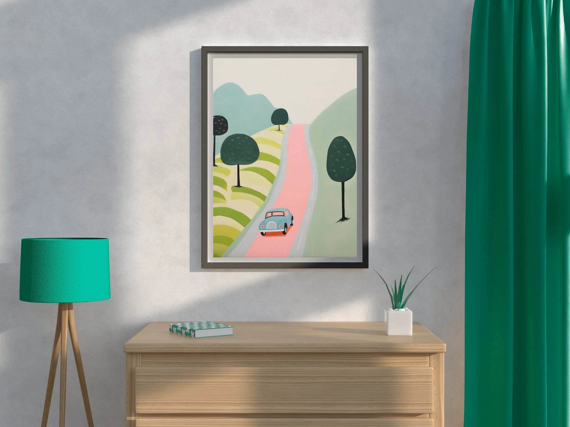 Green Car Passing From a Village - beink online art store