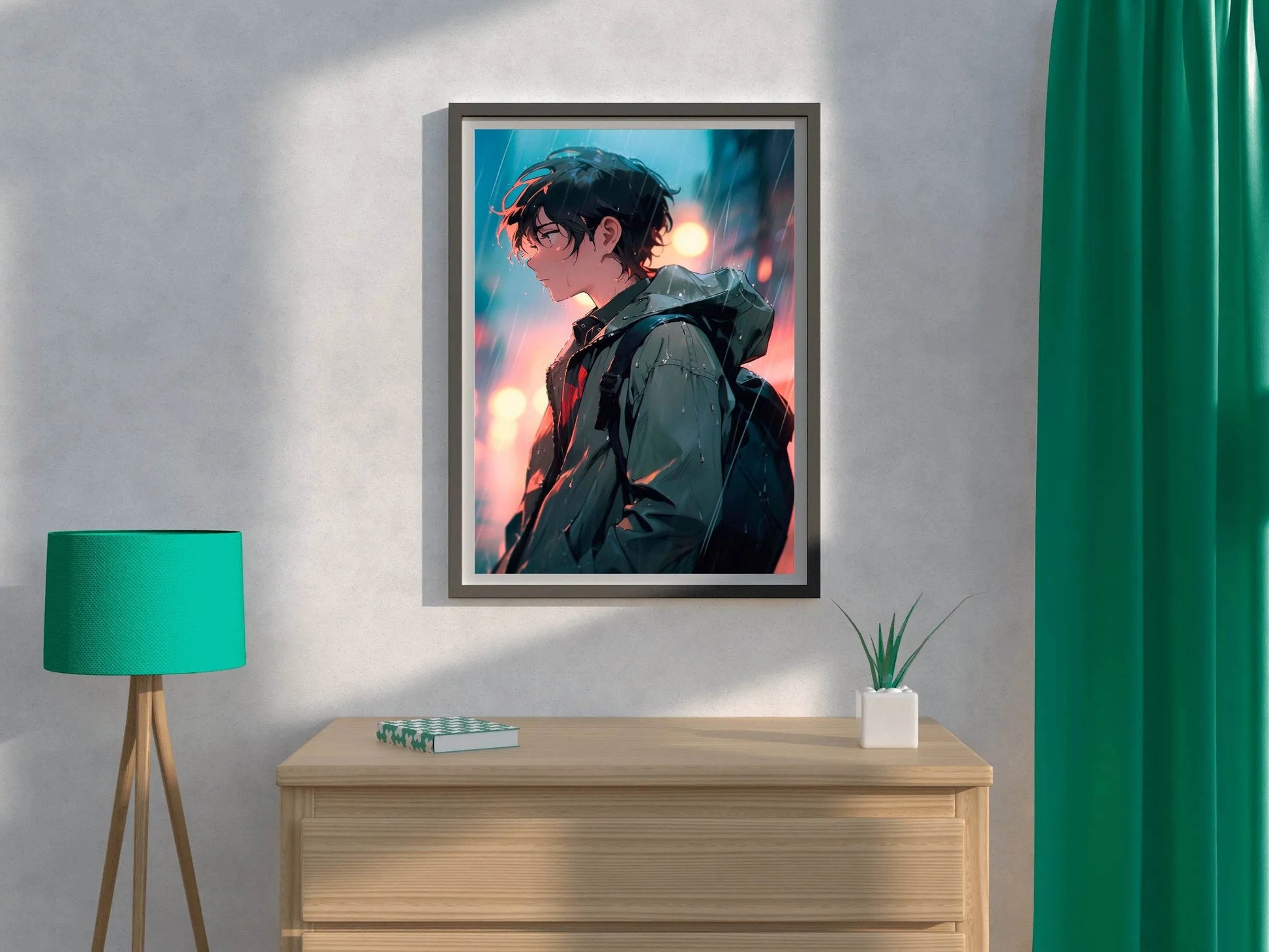 Anime Boy with backpack In street In The Rain Anime Wall Art - beink online art store
