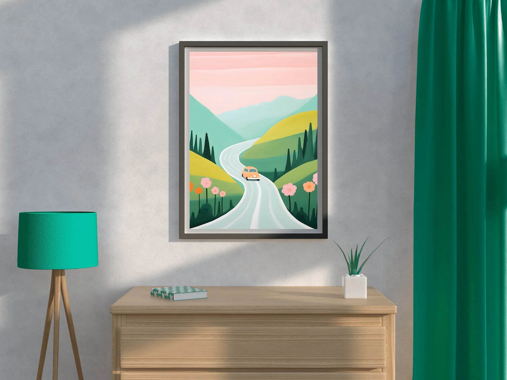 Painting of Pink Car Passing Through the Green Meadows - beink online art store