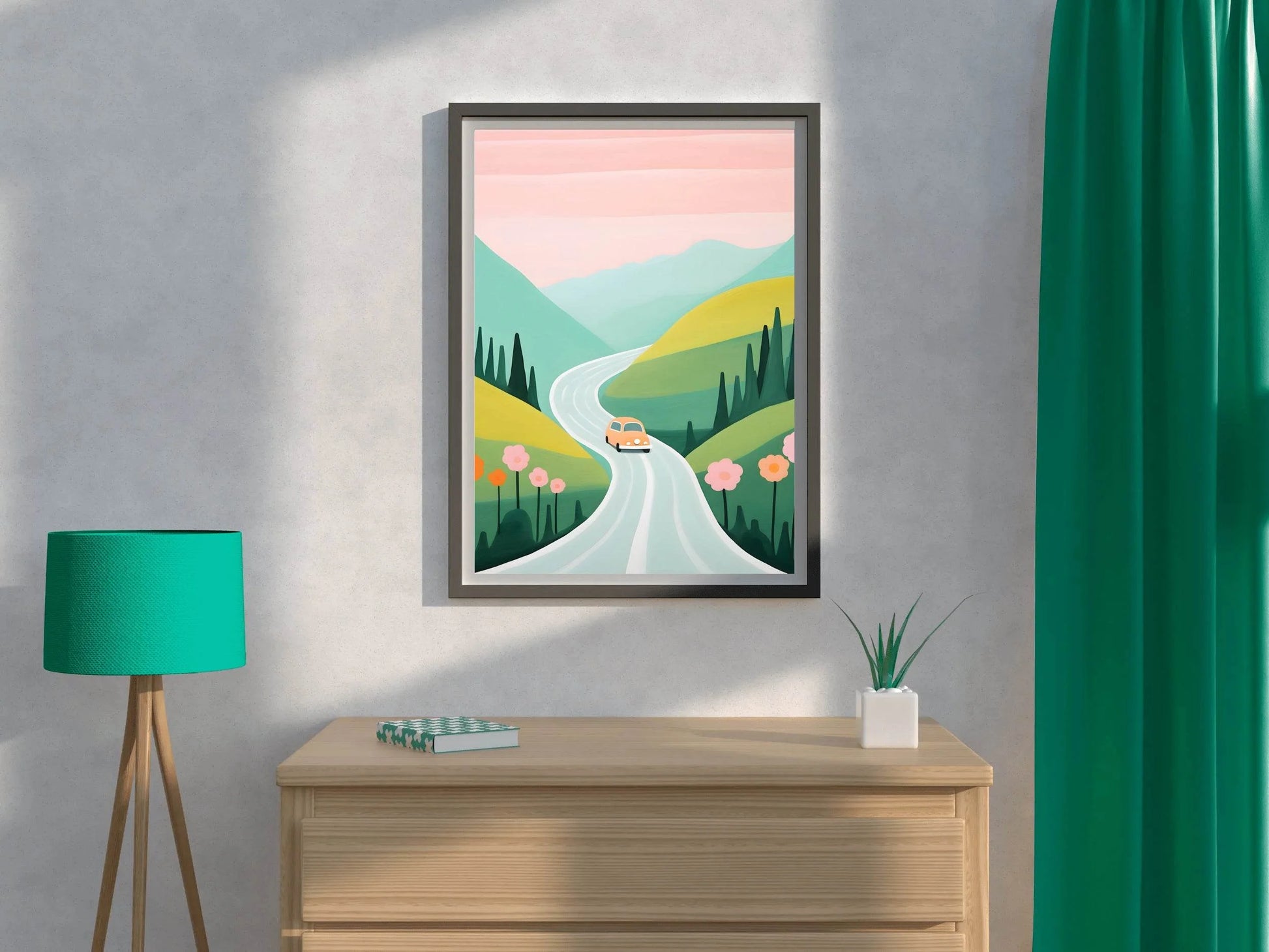 Painting of Pink Car Passing Through the Green Meadows - beink online art store