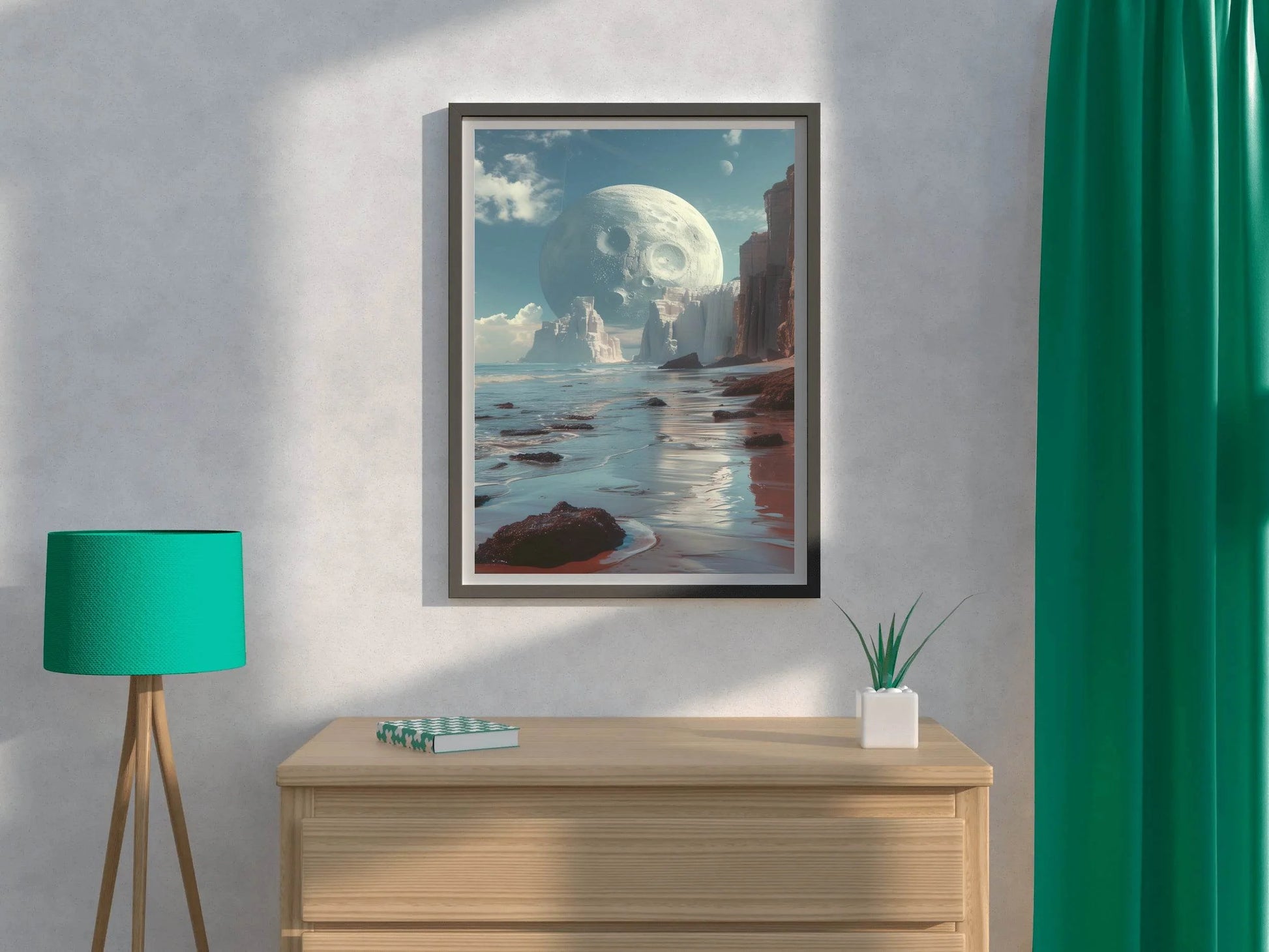 A planet in a space and big moon in a blue sky wall artwork - beink online art store