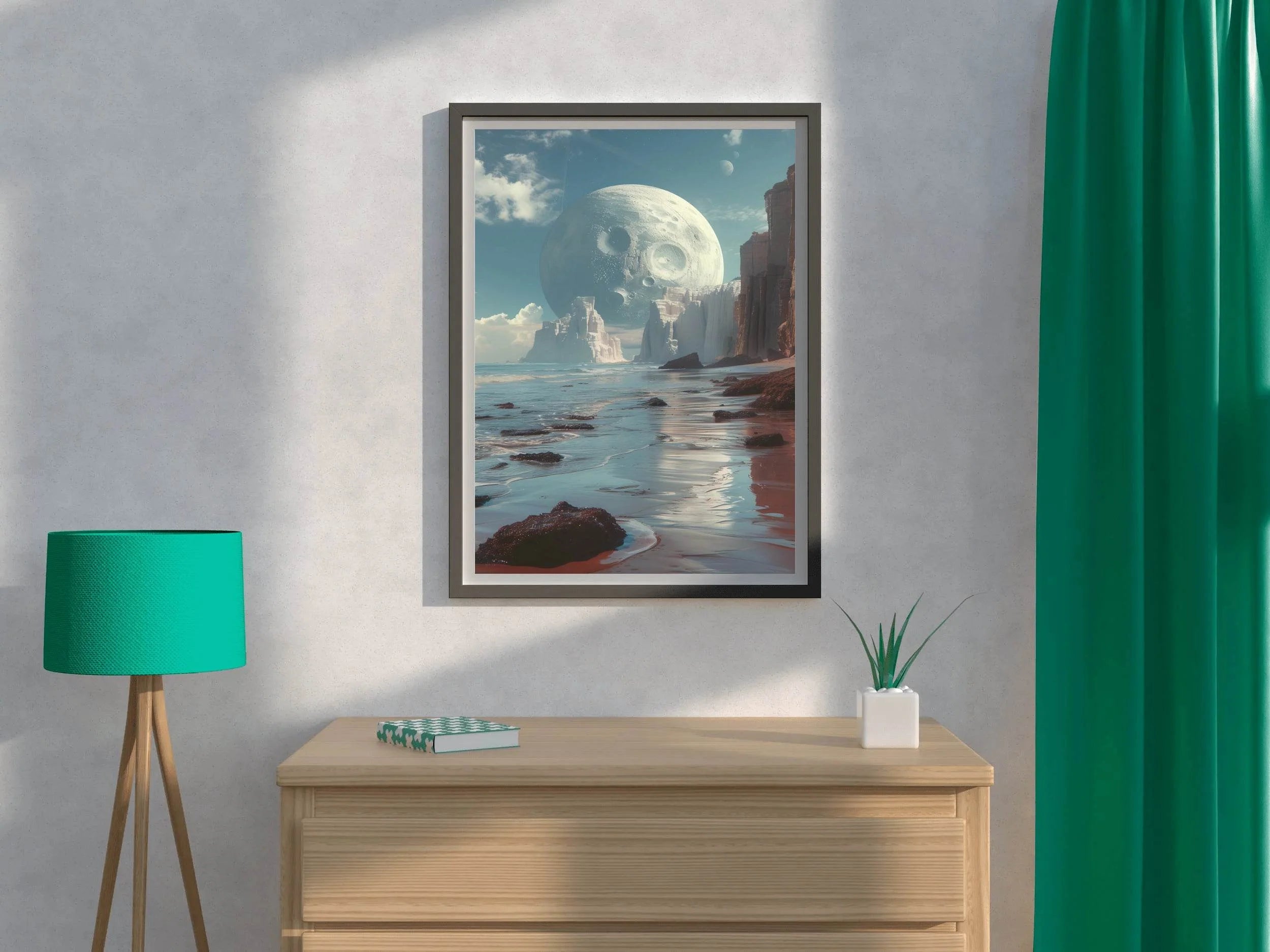 A planet in a space and big moon in a blue sky wall artwork - beink online art store