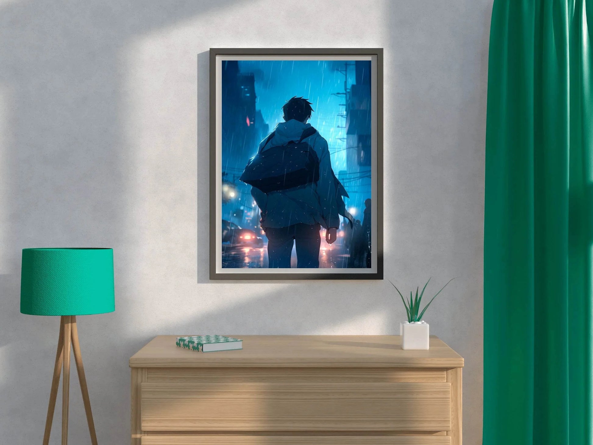 A Person in the rain Anime Boy Standing in Rain Anime Wall Art - beink online art store