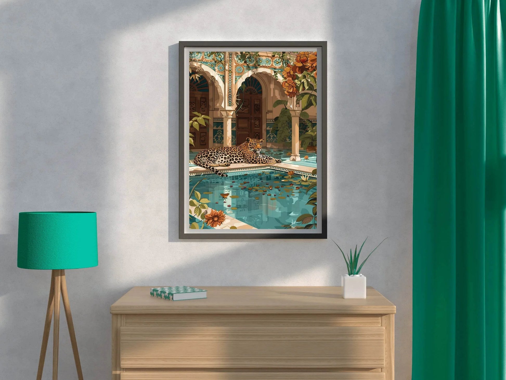 Painting of Tiger Sitting Near Blue Water Pool - beink online art store