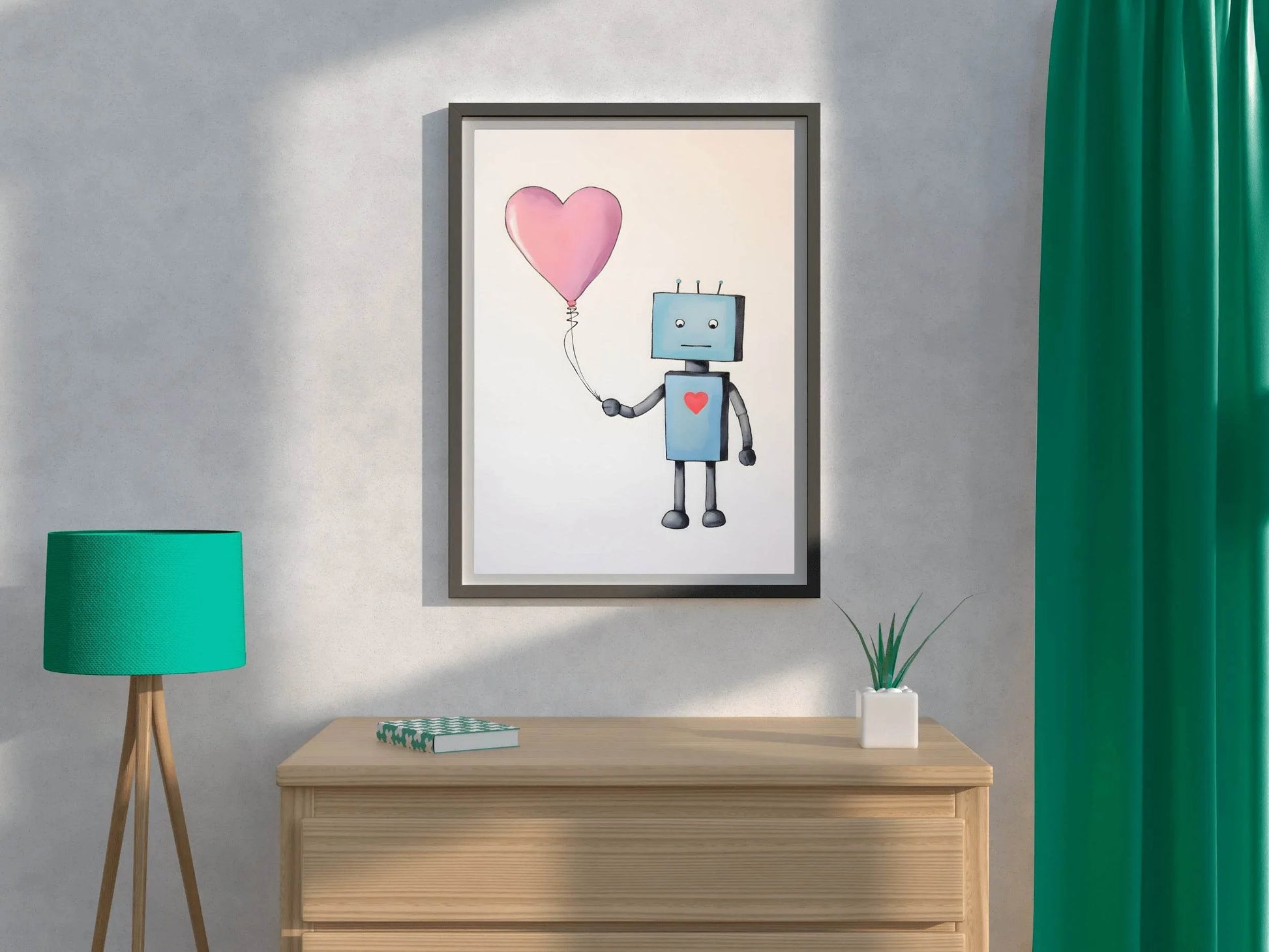 Drawing of Blue Robot Holding Pink Heart - beink online art store