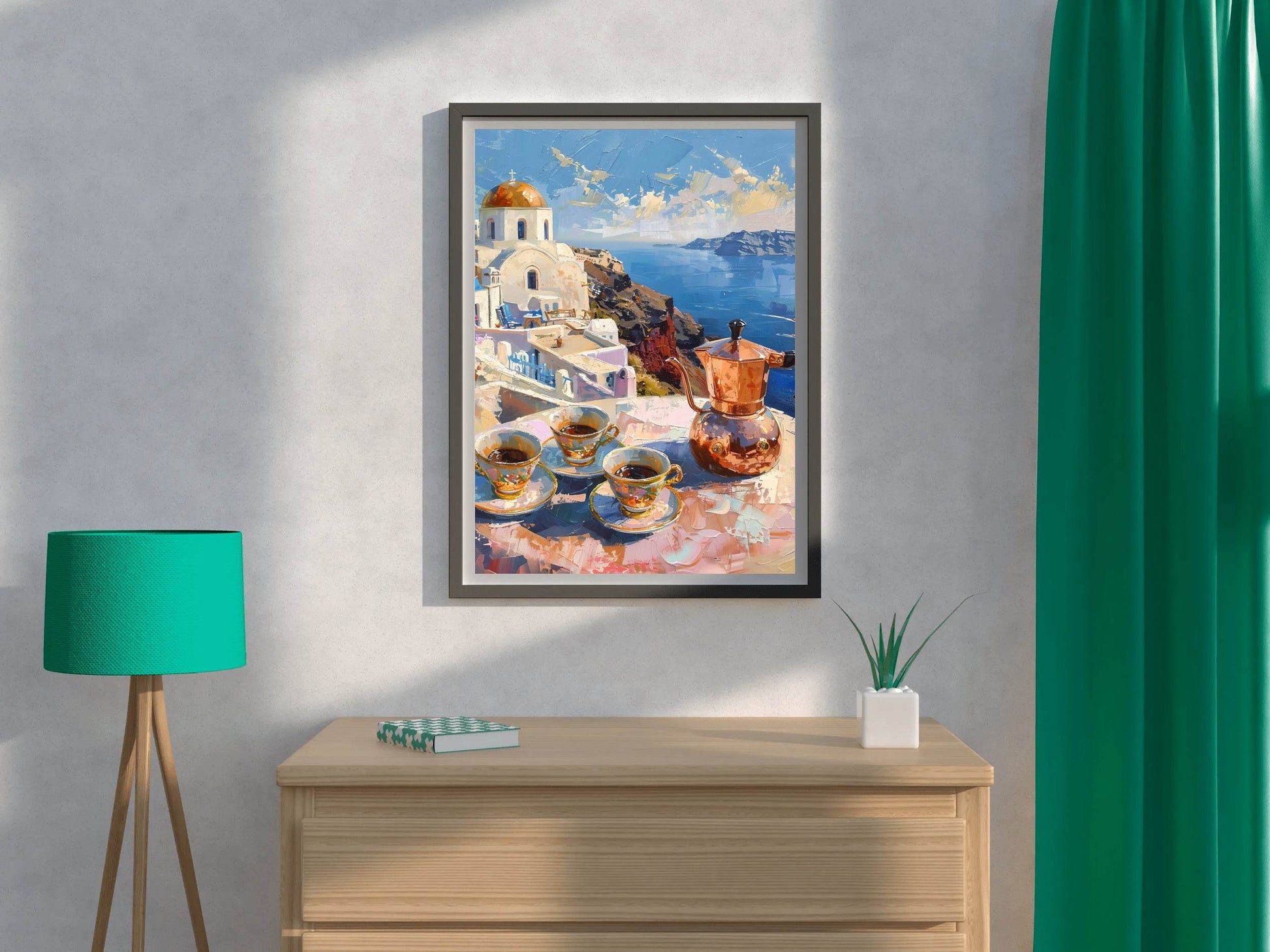 Morning Coffee with a View Greek Getaway Santorini Sunrise Wall Art - beink online art store