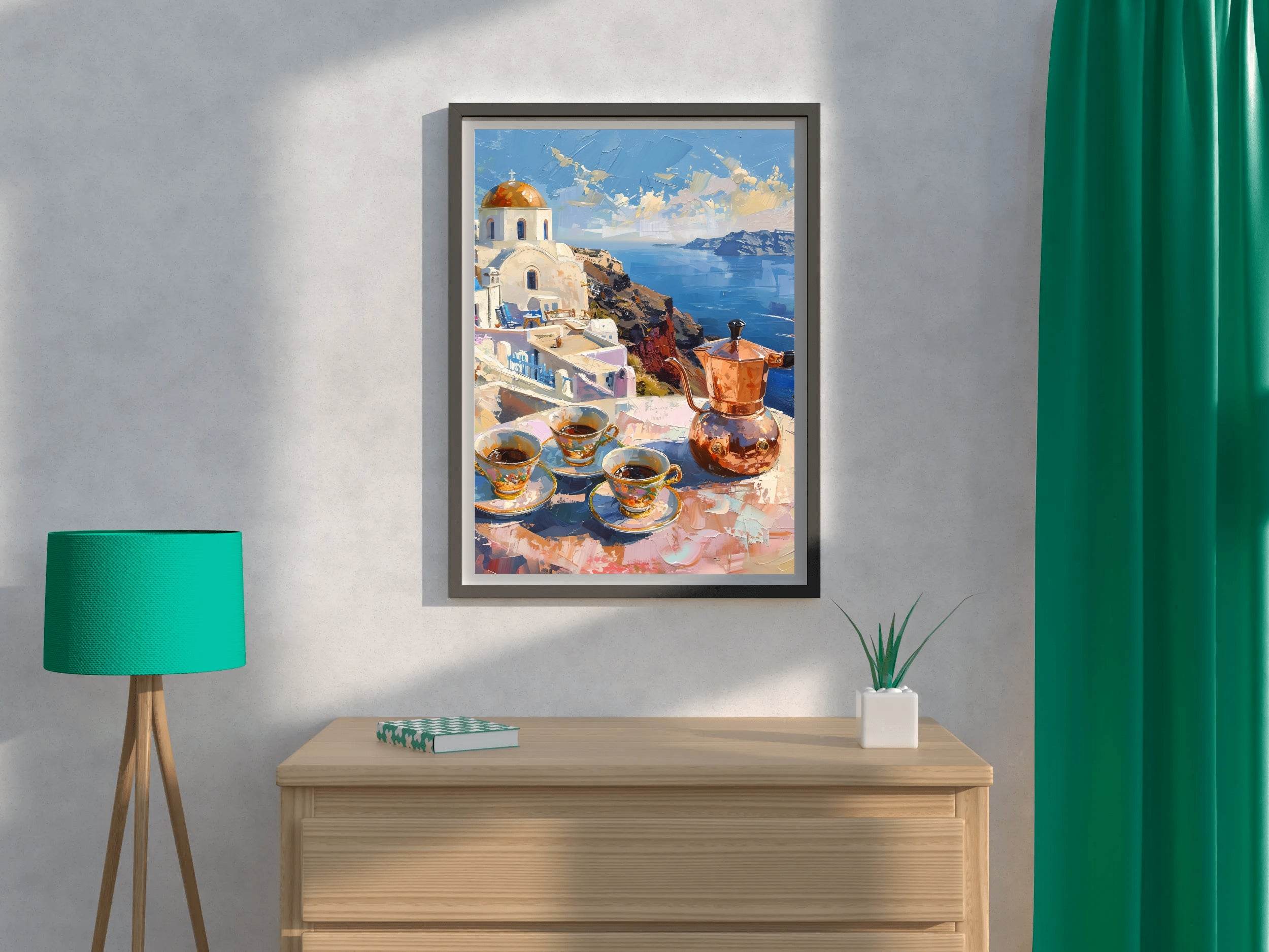 Morning Coffee with a View Greek Getaway Santorini Sunrise Wall Art - beink online art store