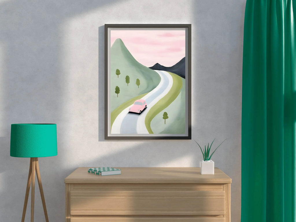 Watercolor Drawing of a Pink Car in the Mountains - beink online art store