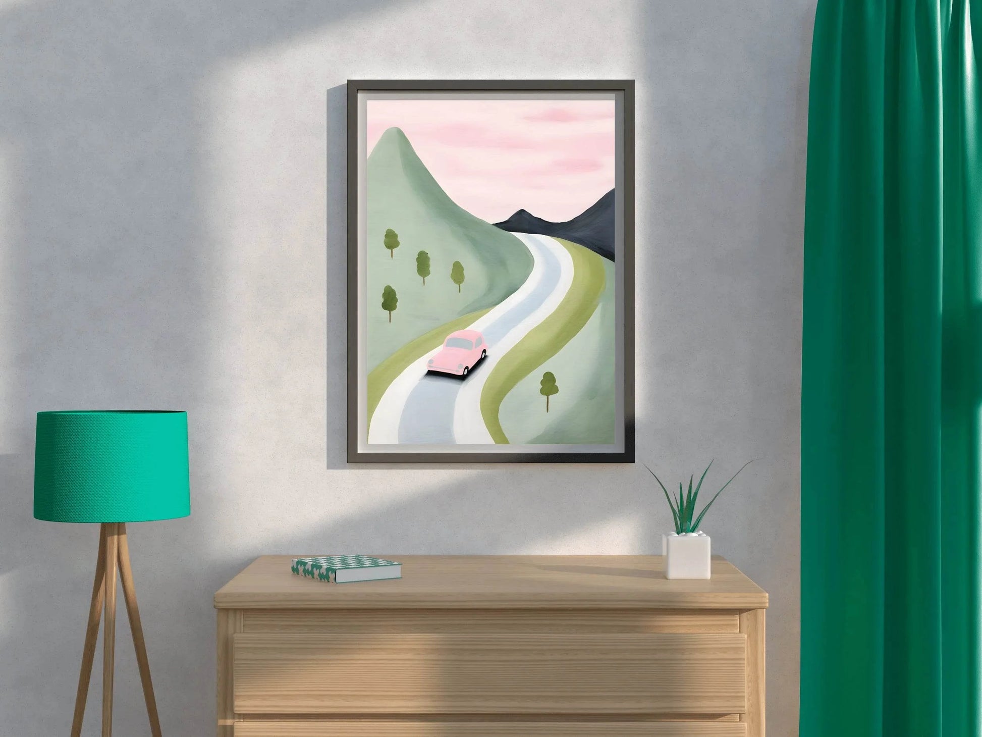 Watercolor Drawing of a Pink Car in the Mountains - beink online art store