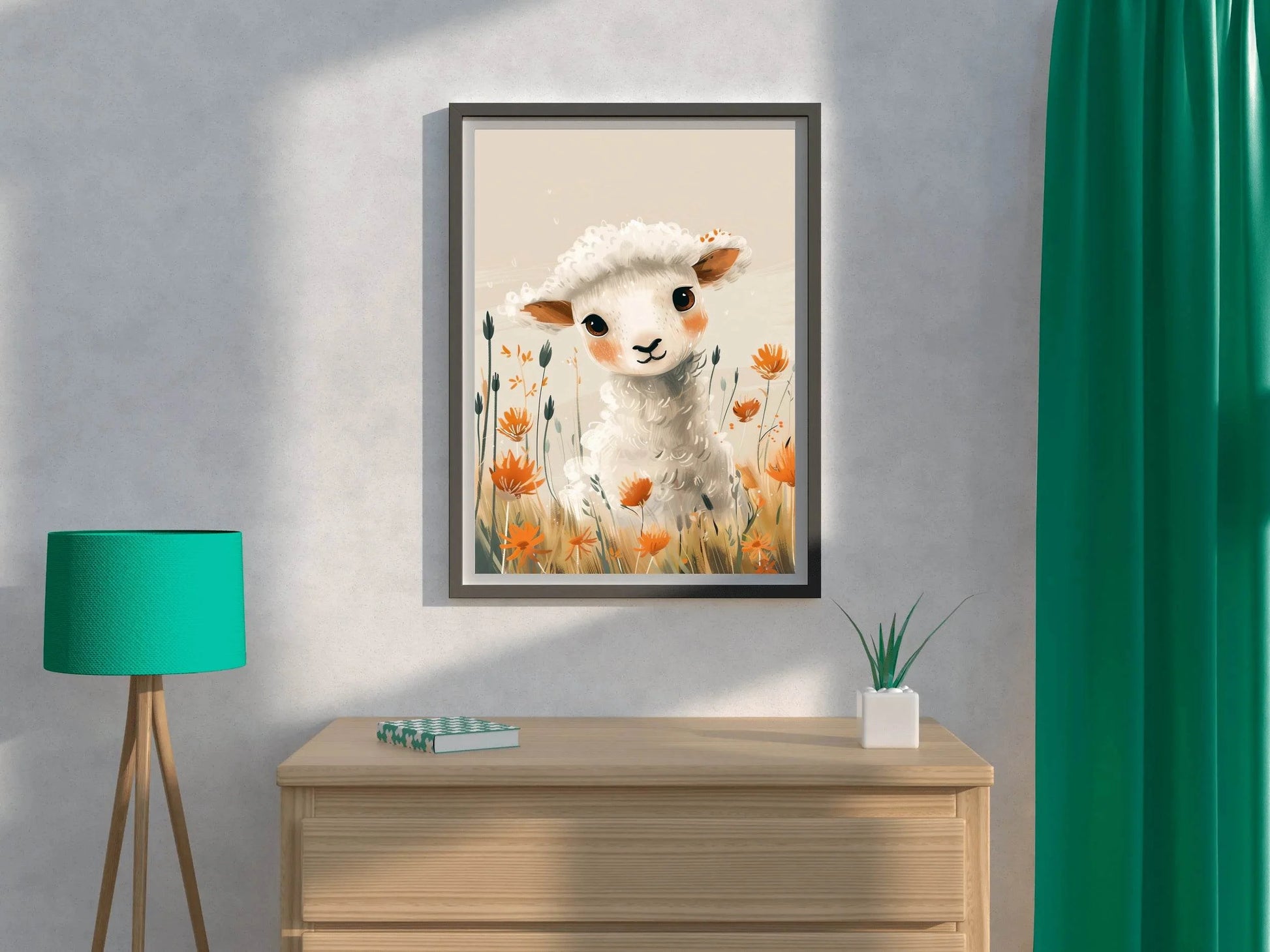 Painting of White Lamb With Flowers - beink online art store