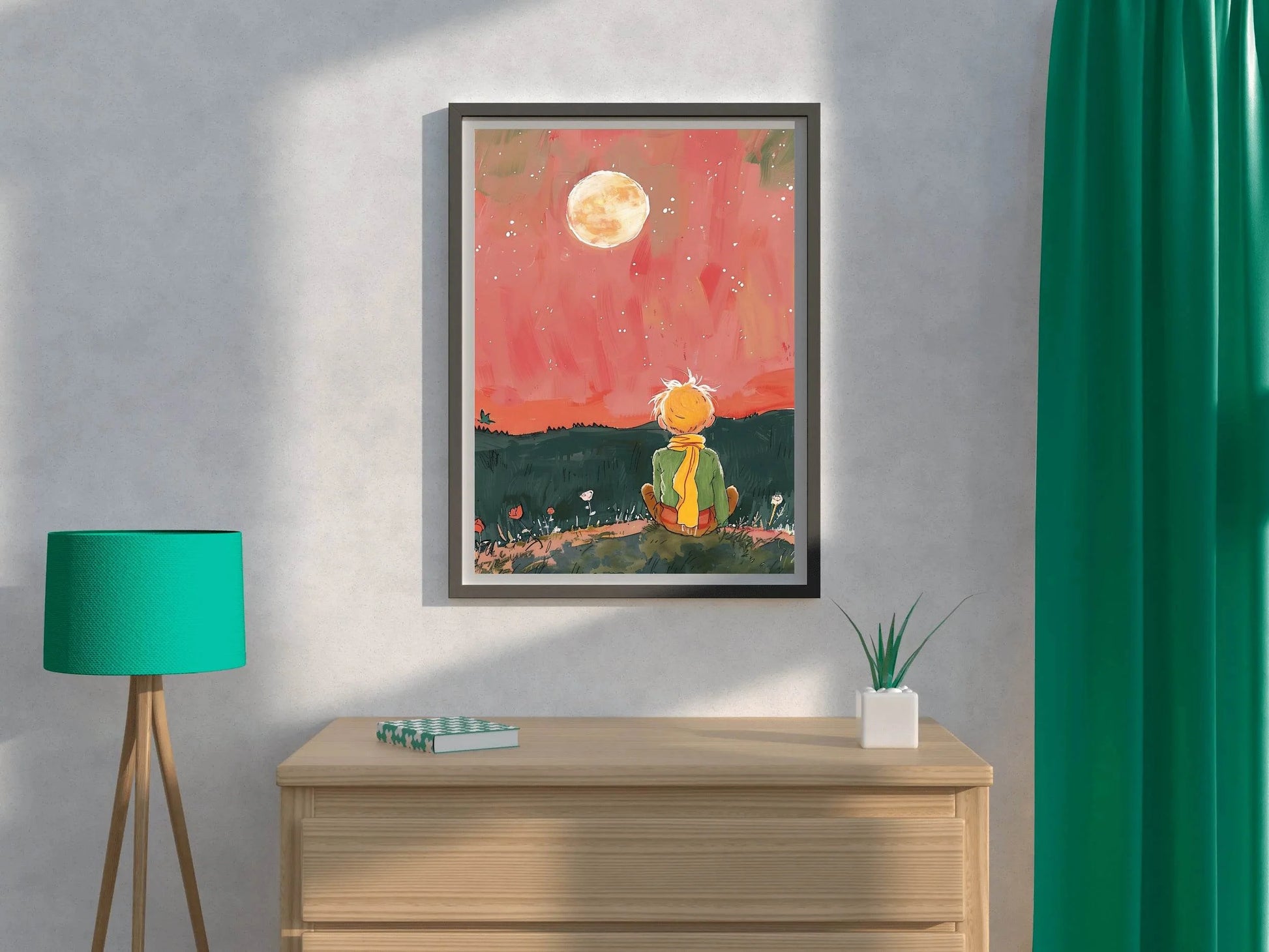 Brushed Illustration of a Boy Watching the Moon - beink online art store