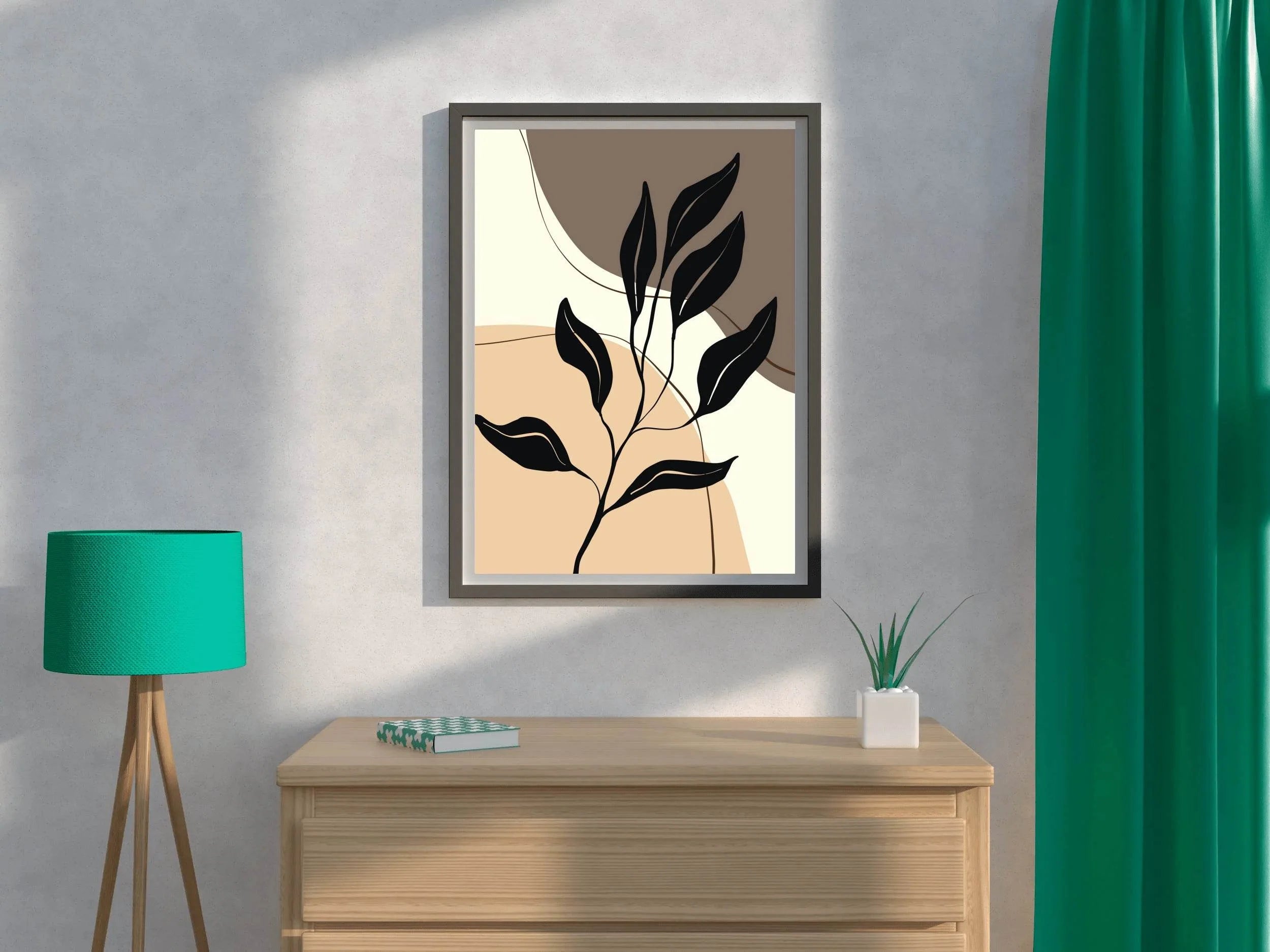 Black Leaves on a Stylized Foliage in Beige tones ArtWork - beink online art store