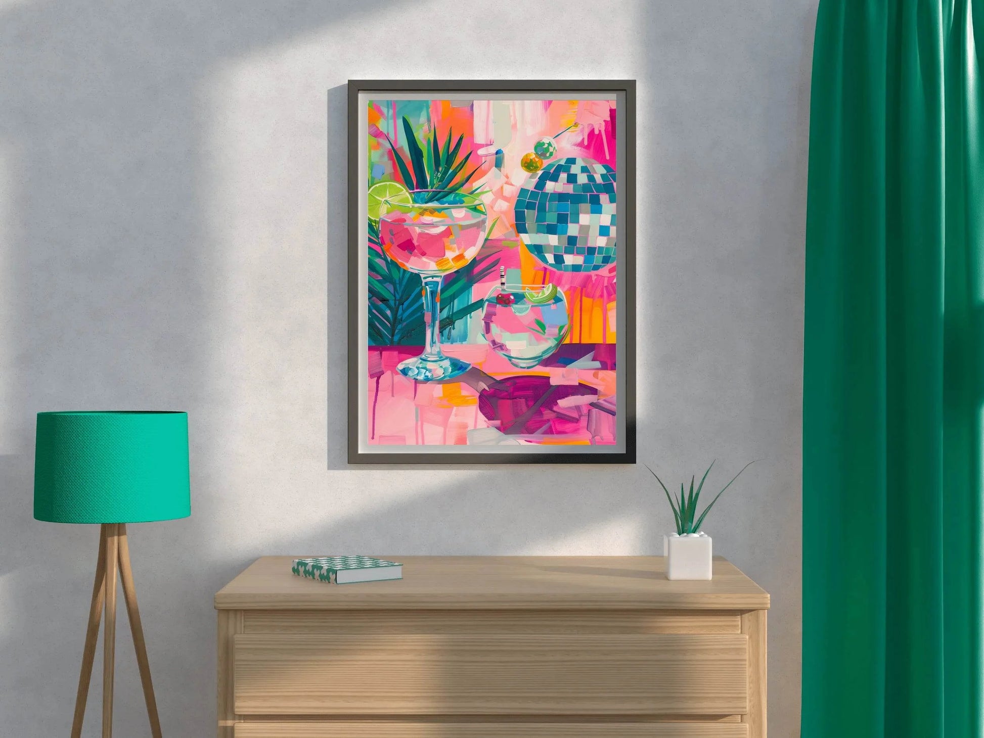 Painting of a Cocktail and Glasses with a Palm Tree in the Background Wall Art - beink online art store