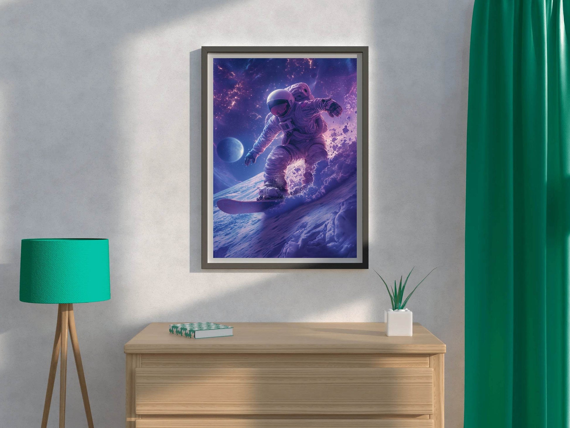 Astronaut with spacesuit on practicing snowboarding on the moon Wall Art - beink online art store