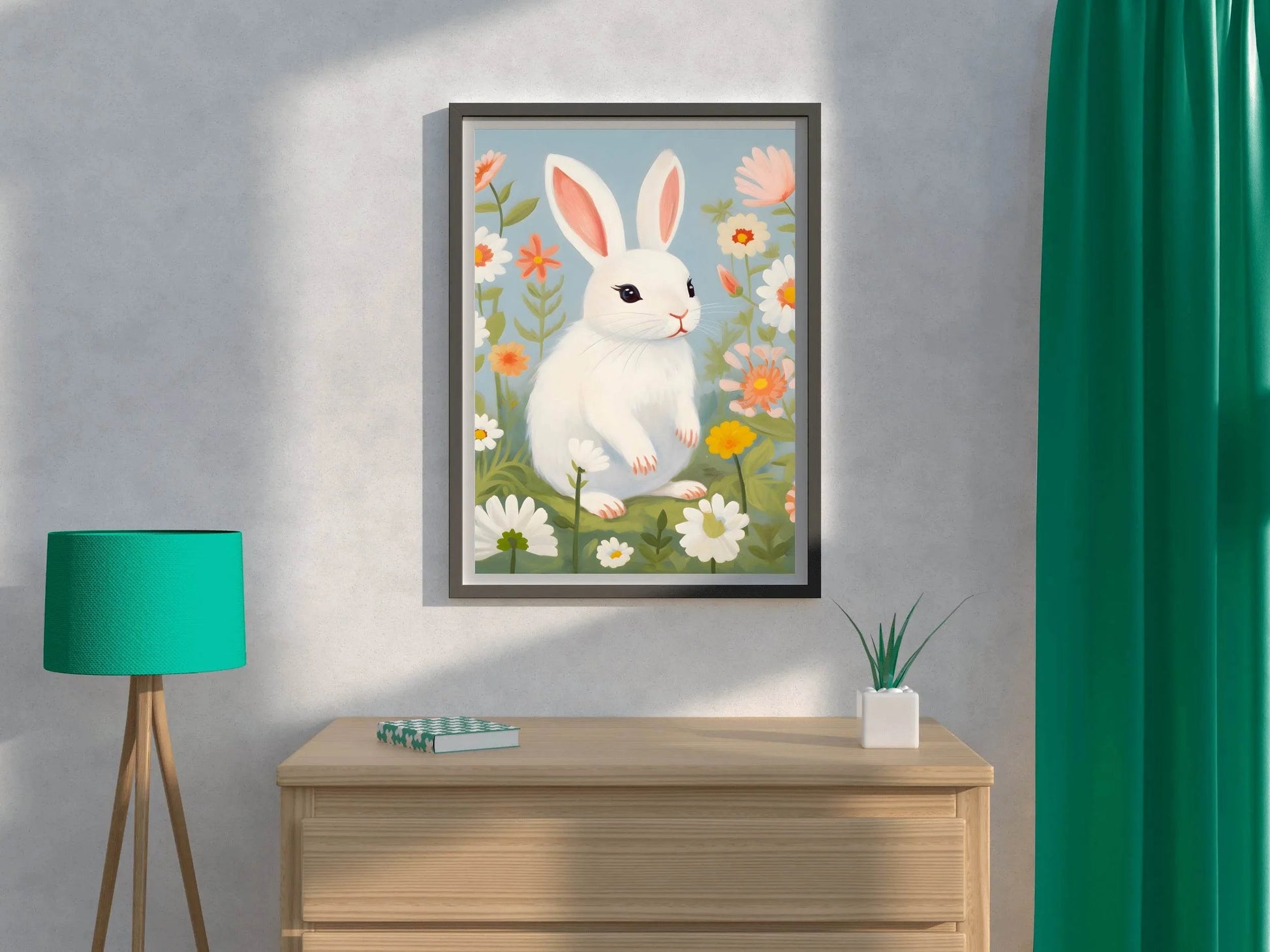 White Bunny Sitting Among Flowers - beink online art store