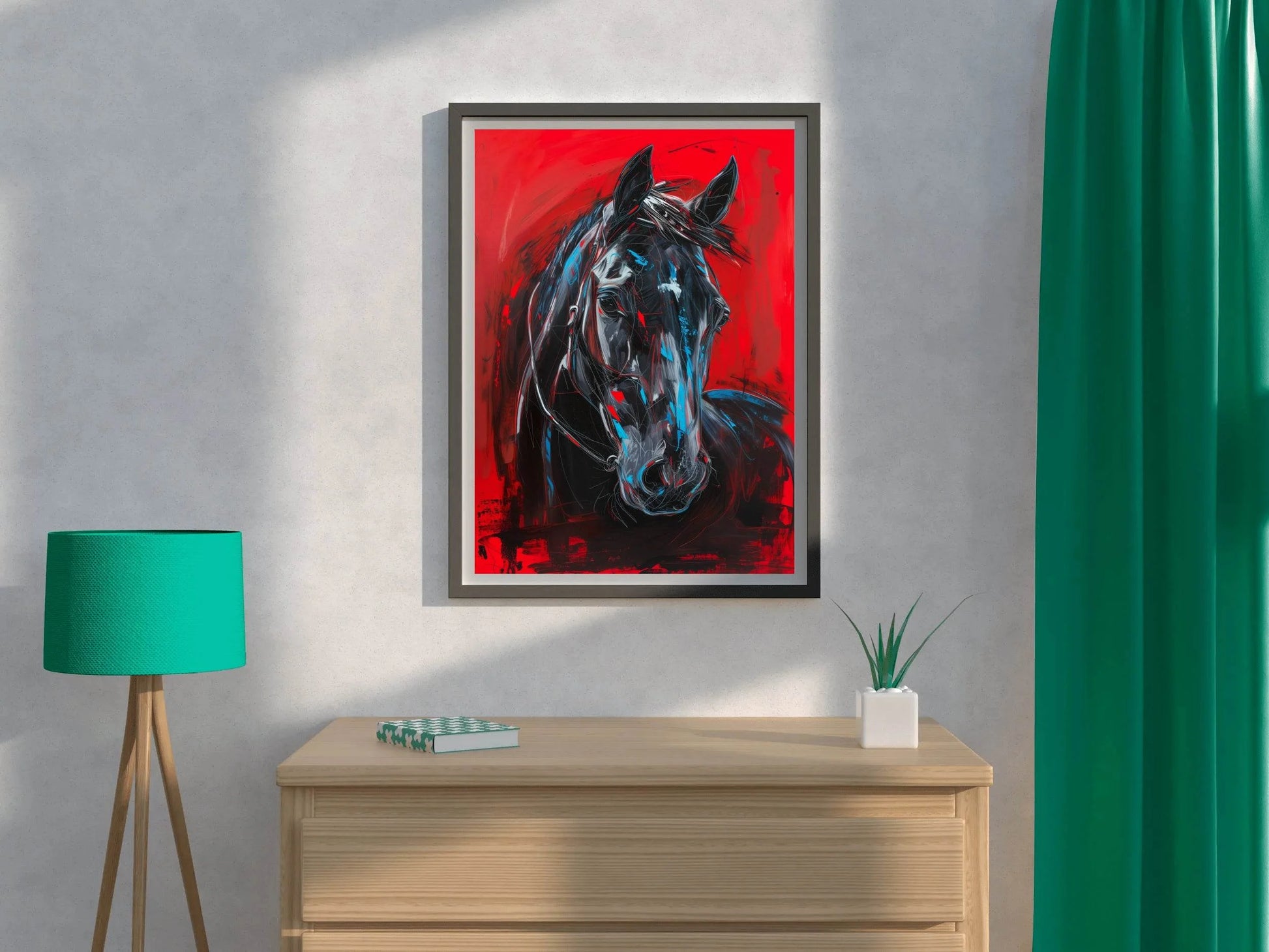 Painting of Black Horse With Red Background - beink online art store