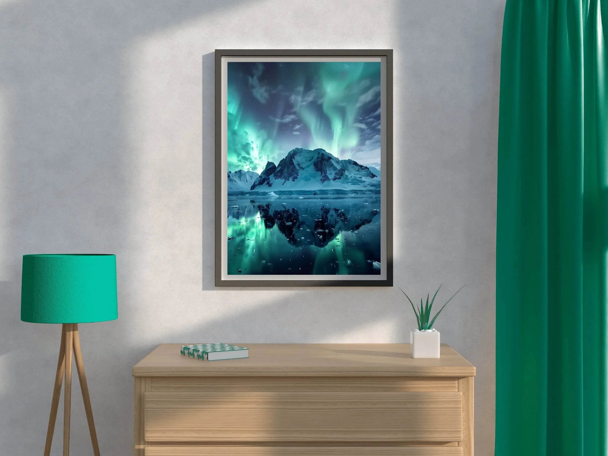 Green Northern lights in the Sky Over Snow Mountain Wall Art - beink online art store