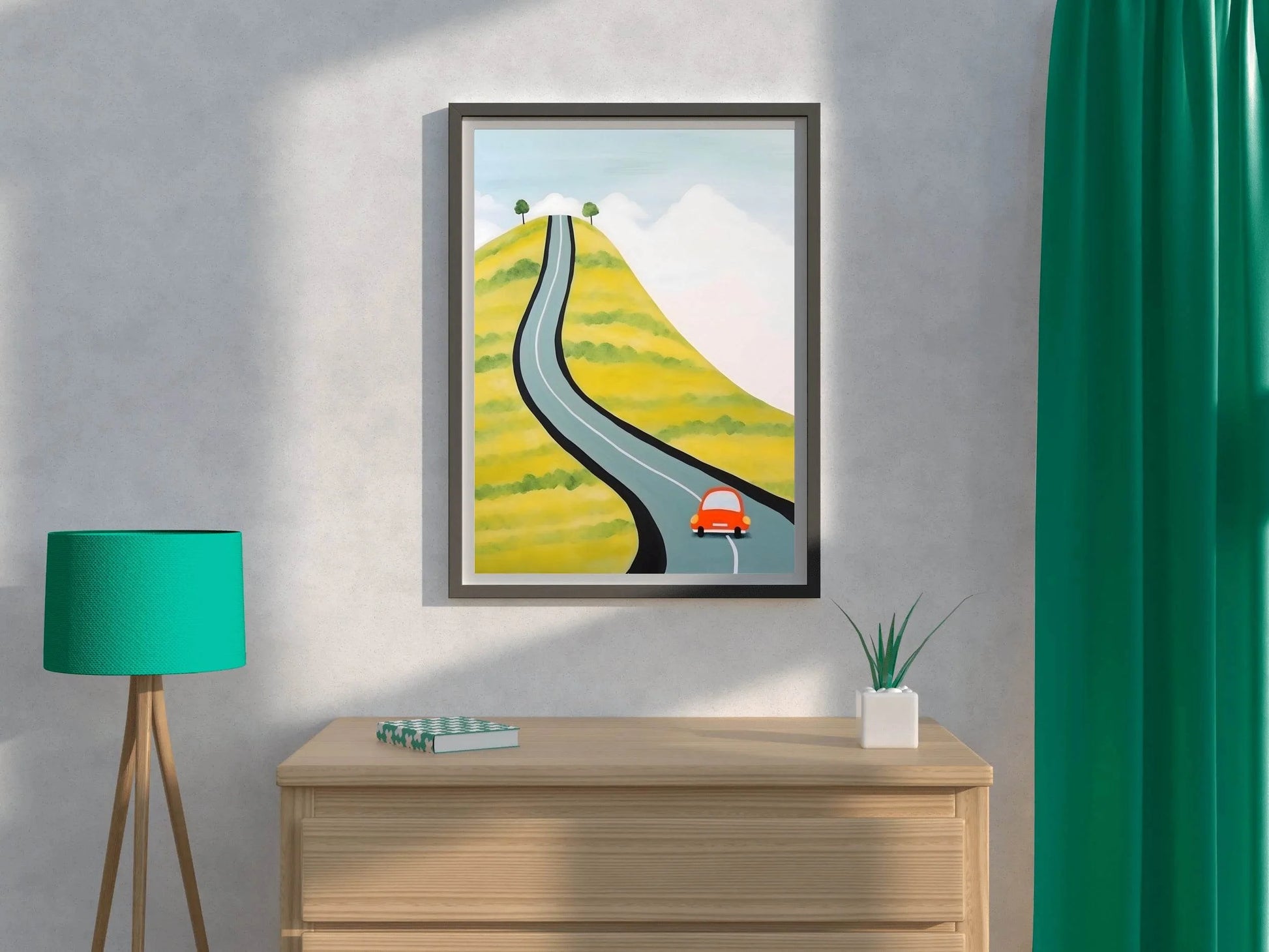 Drawing of a Car Driving Through the Village - beink online art store