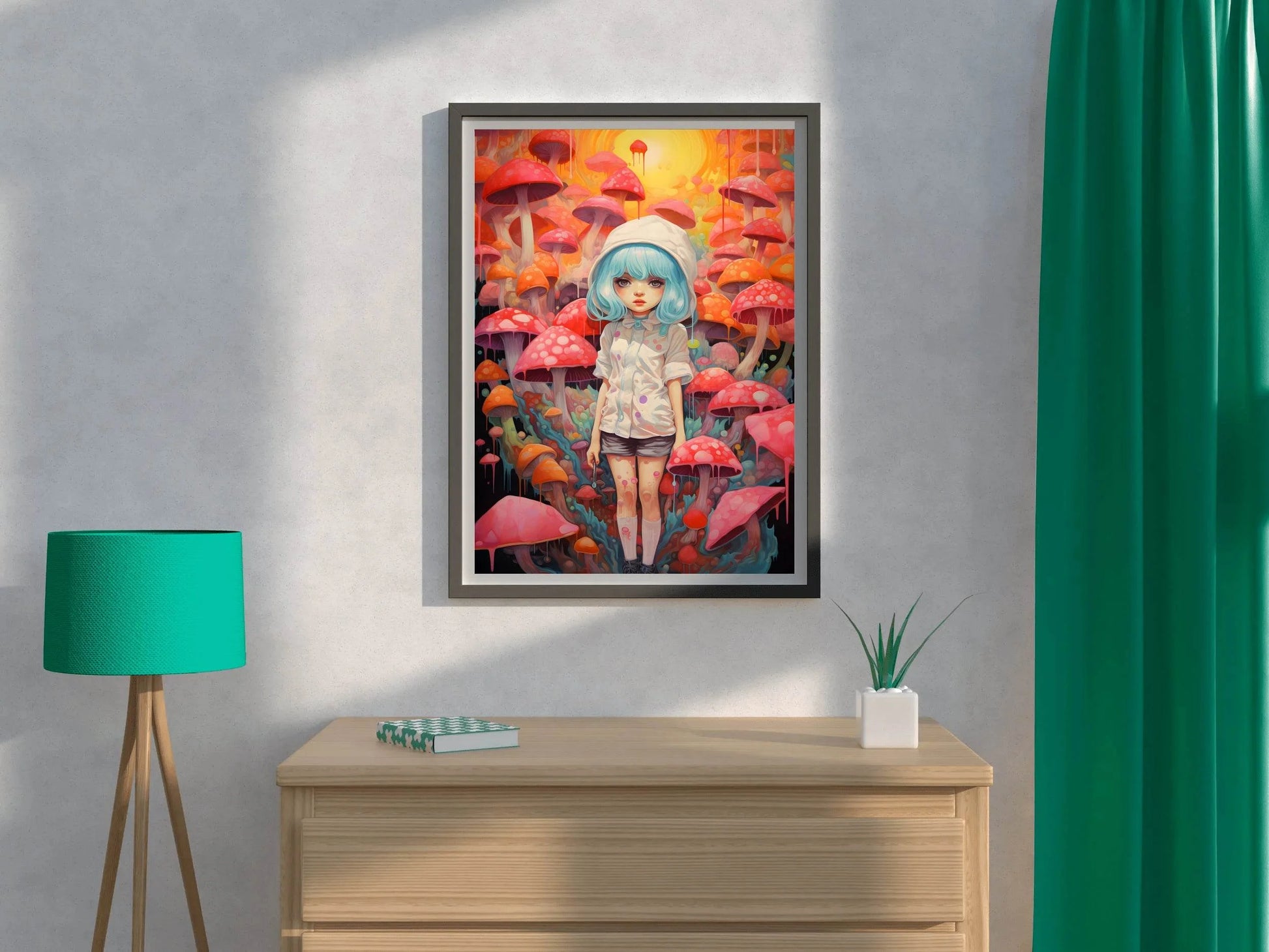 Painting of a Anime girl Standing in a Forest of Mushrooms - beink online art store