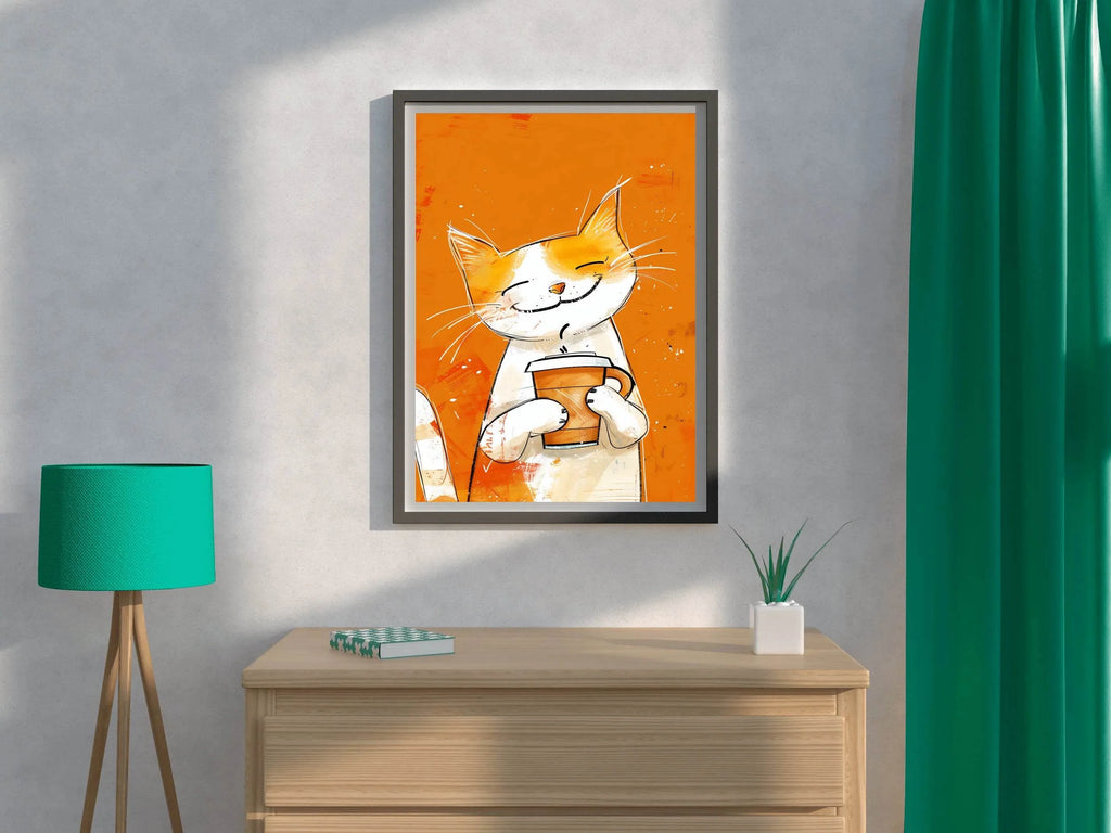Painting of Cute Smiling Cat Holding Cup - beink online art store