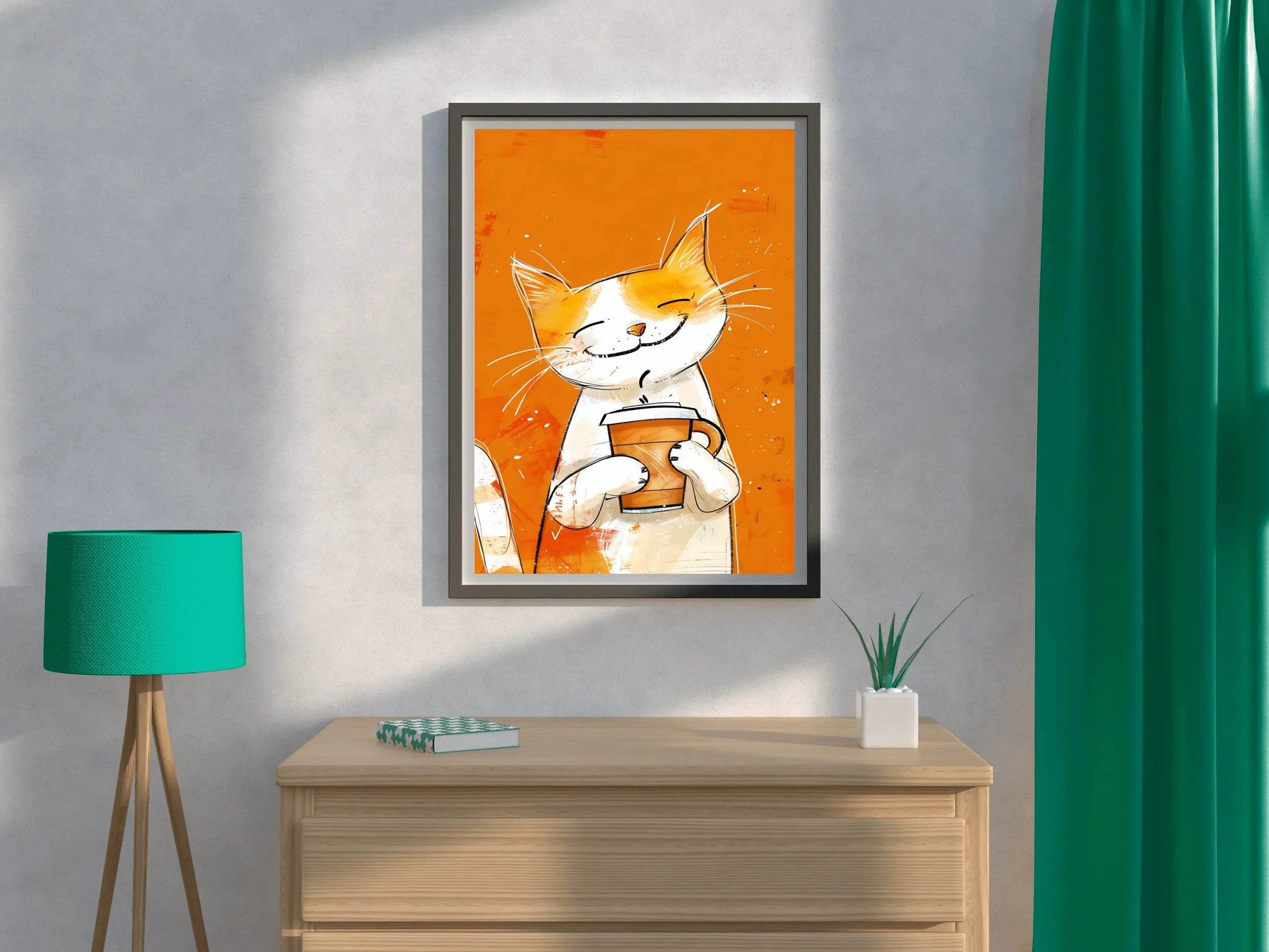 Painting of Cute Smiling Cat Holding Cup - beink online art store