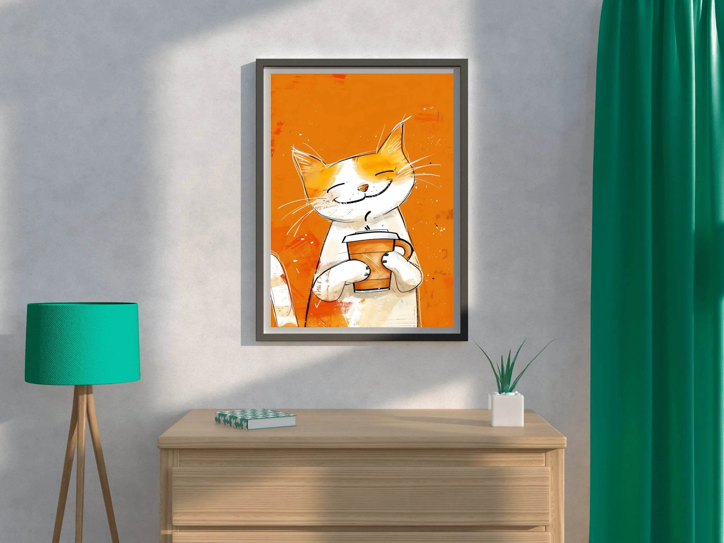 Painting of Cute Smiling Cat Holding Cup - beink online art store