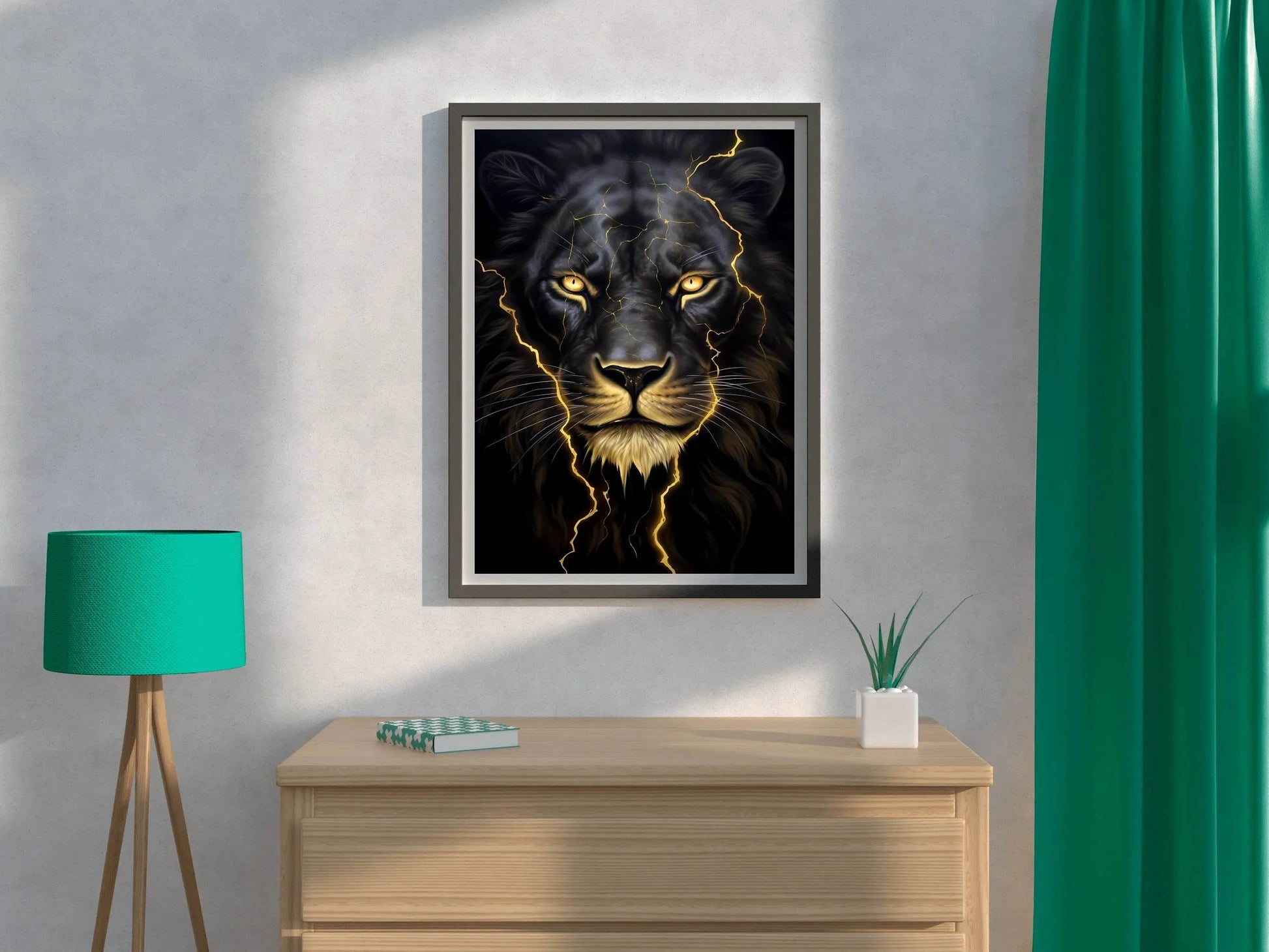 Black Color Neon Line Painting of Lion - beink online art store