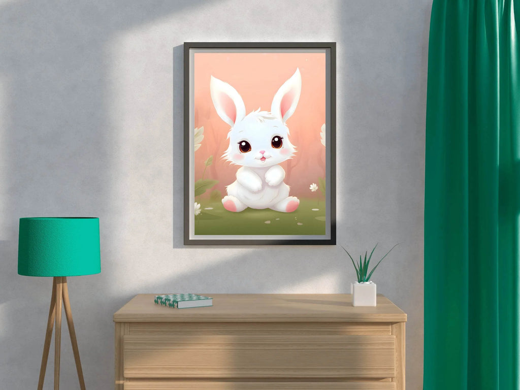 Cute Little White Cartoon Bunny Sitting on the Grass - beink online art store