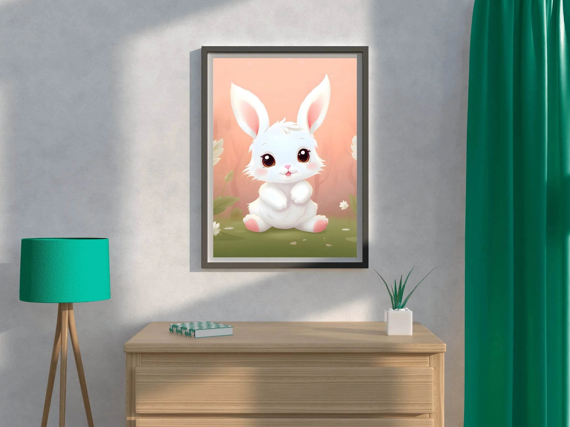 Cute Little White Cartoon Bunny Sitting on the Grass - beink online art store