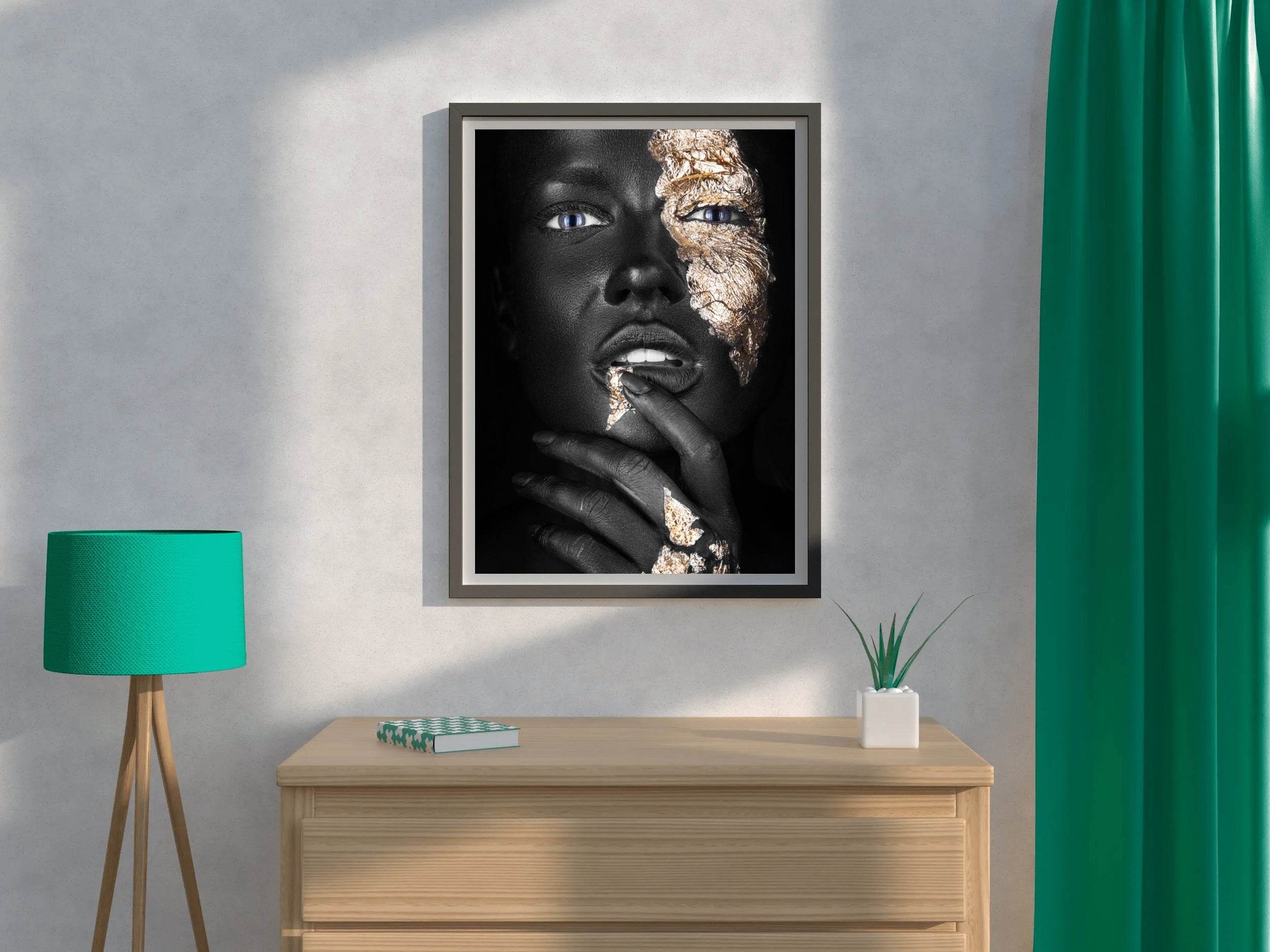 Dark Skinned Girl With Golden Makeup On Her Face Wall Art - beink online art store