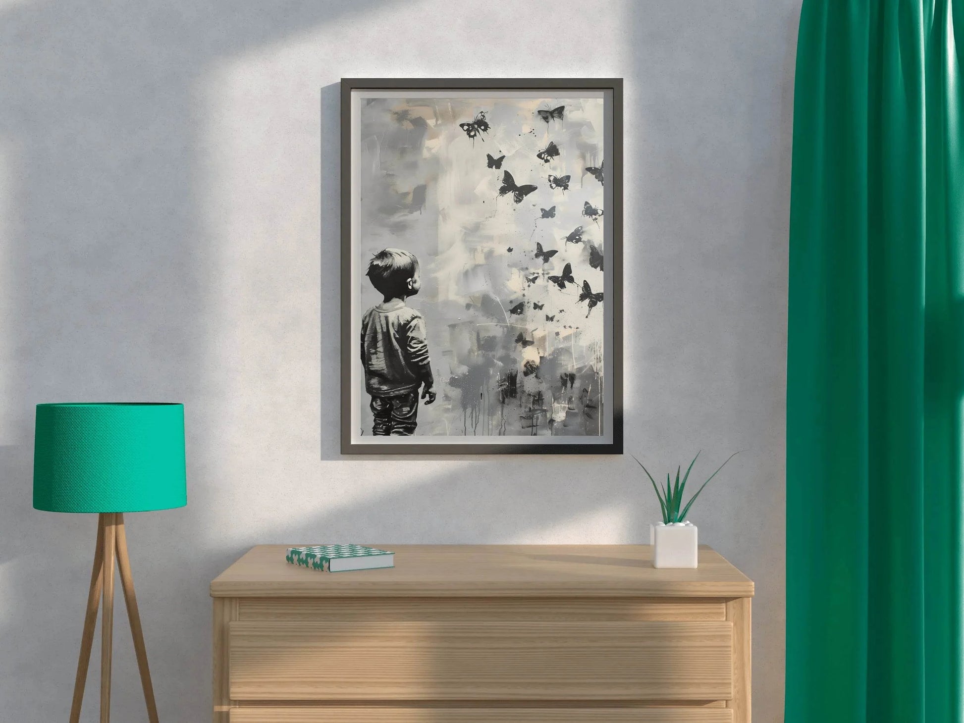 A Kid Watching Butterflies - Childhood Memory Wall Art - beink online art store