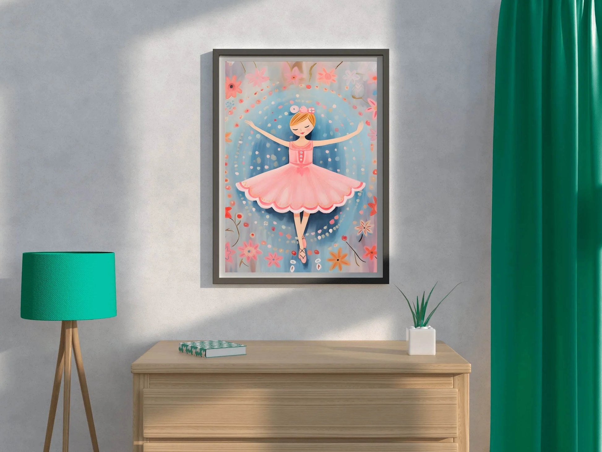 Drawing of Little Girl Dancing in Pink Dress - beink online art store