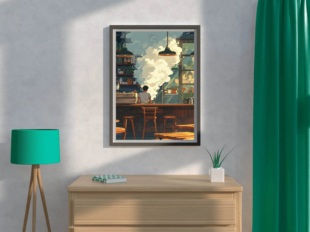 Cartoon Steam With Man in Coffee shop Anime Wall Art - beink online art store