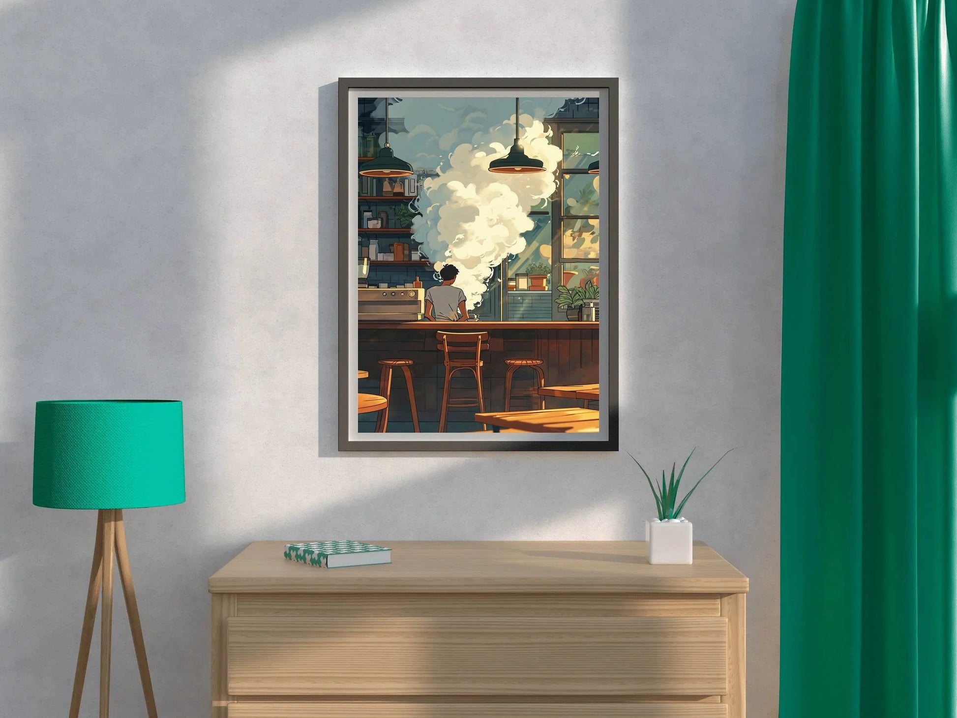 Cartoon Steam With Man in Coffee shop Anime Wall Art - beink online art store