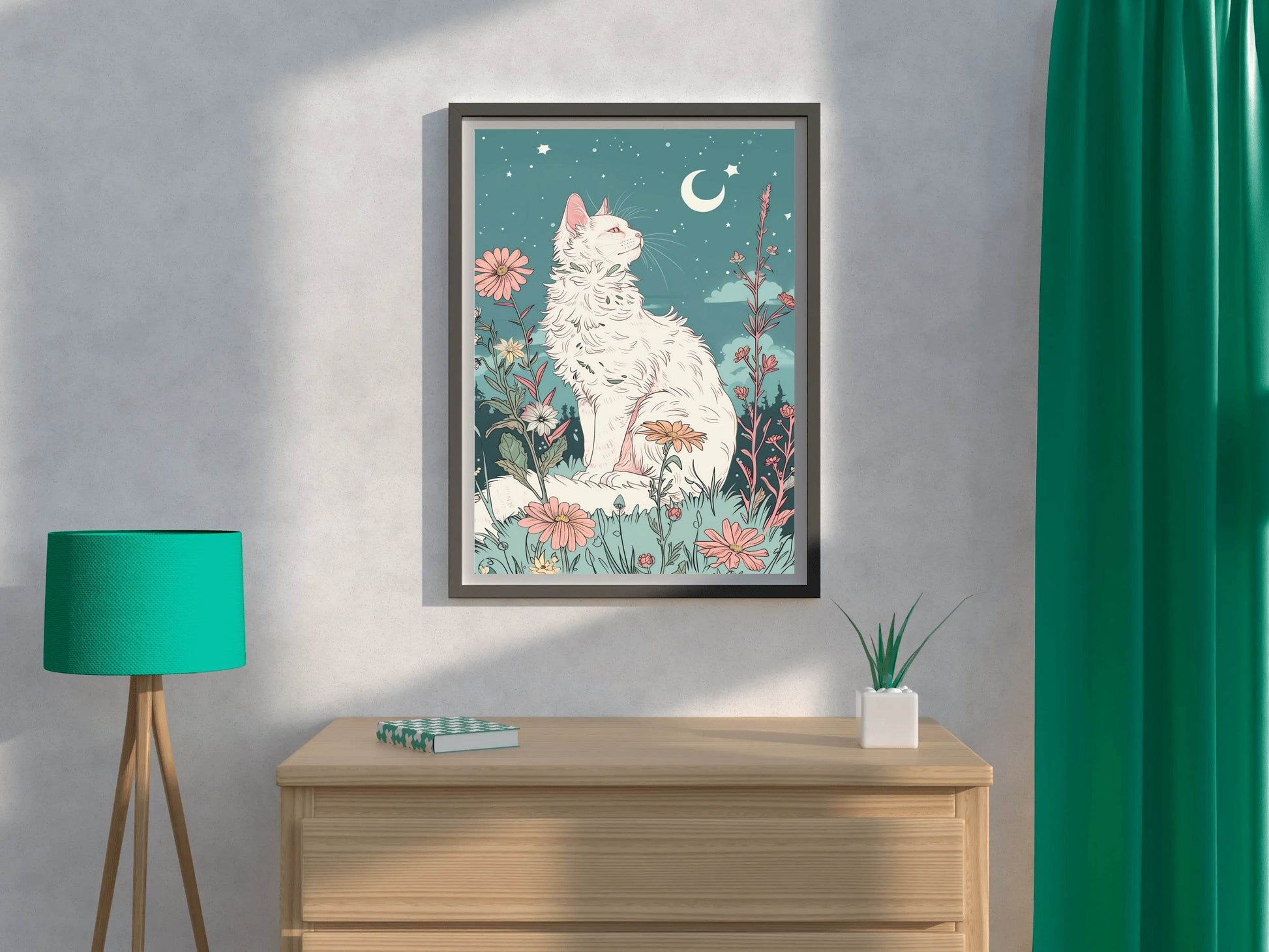 Painting of White Cat Watching the Moon - beink online art store