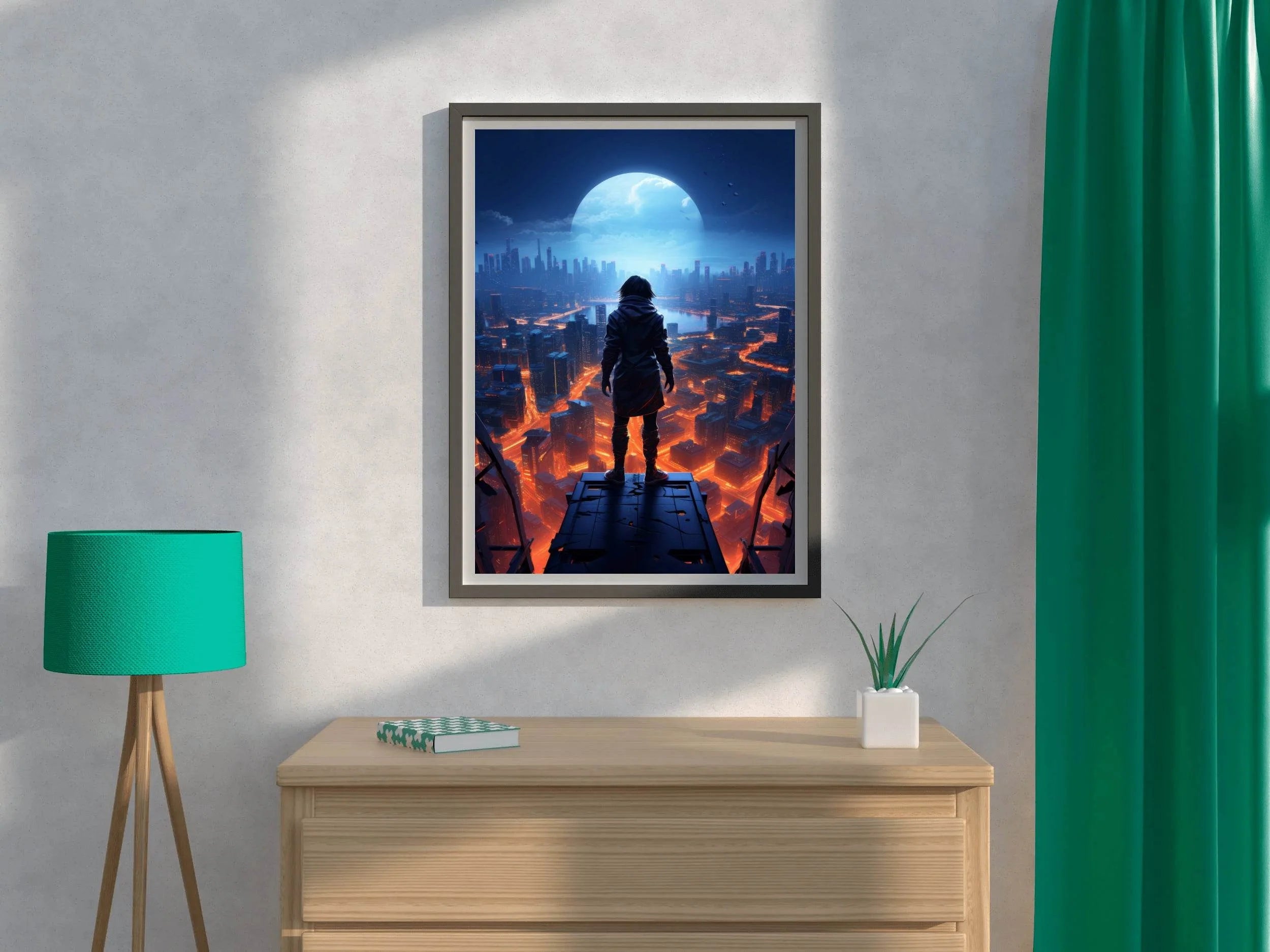 Man Stands On a Ledge Looking At a Cityscape Anime Wall Art - beink online art store