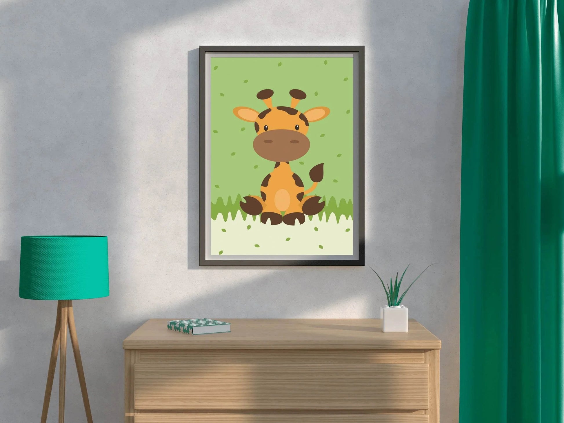 Painting of Cartoon Giraffe Sitting in Grass - beink online art store