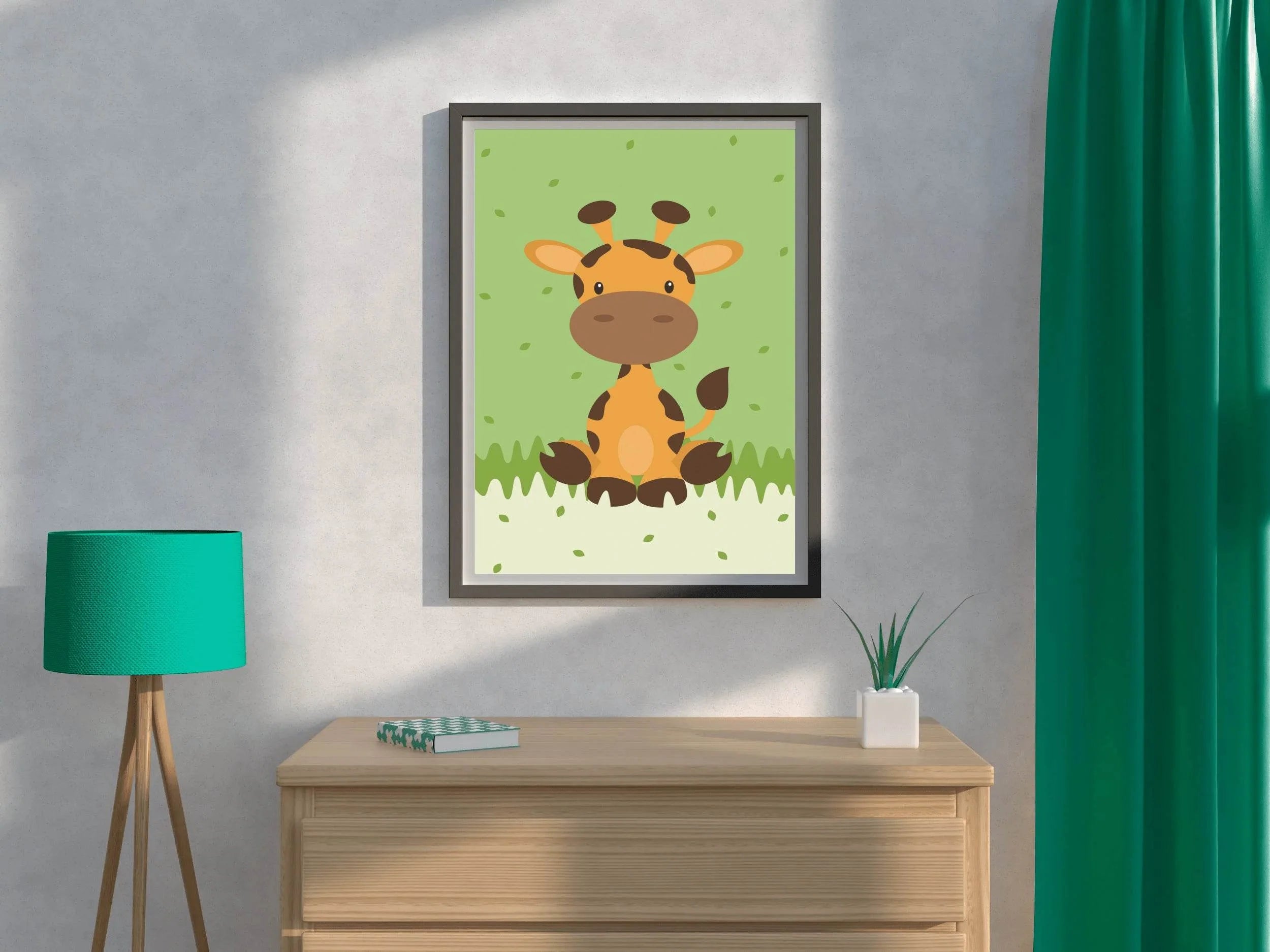 Painting of Cartoon Giraffe Sitting in Grass - beink online art store