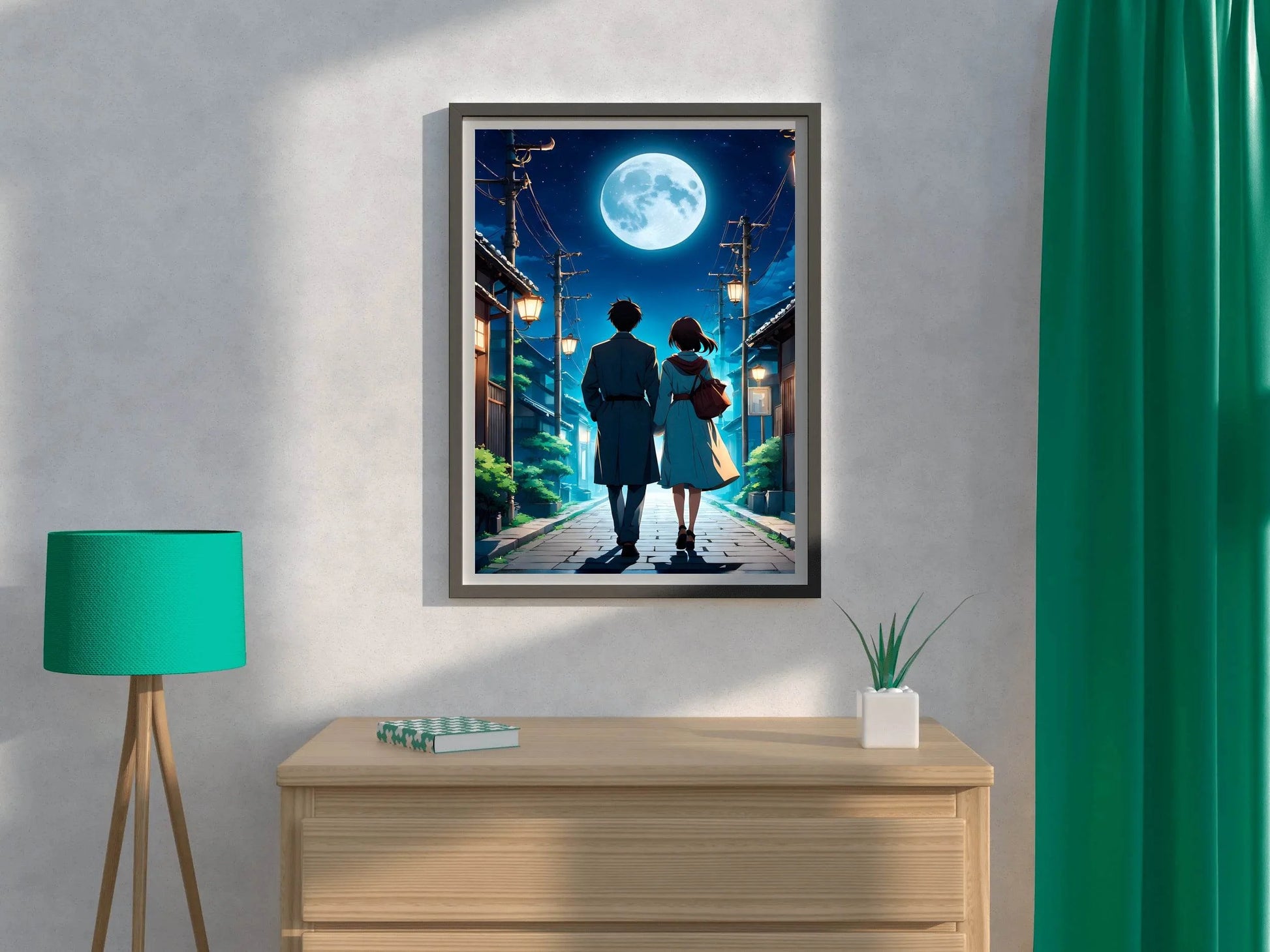 Anime scene of a Man and a Woman Walking Down Under the Moon Anime Wall Art - beink online art store